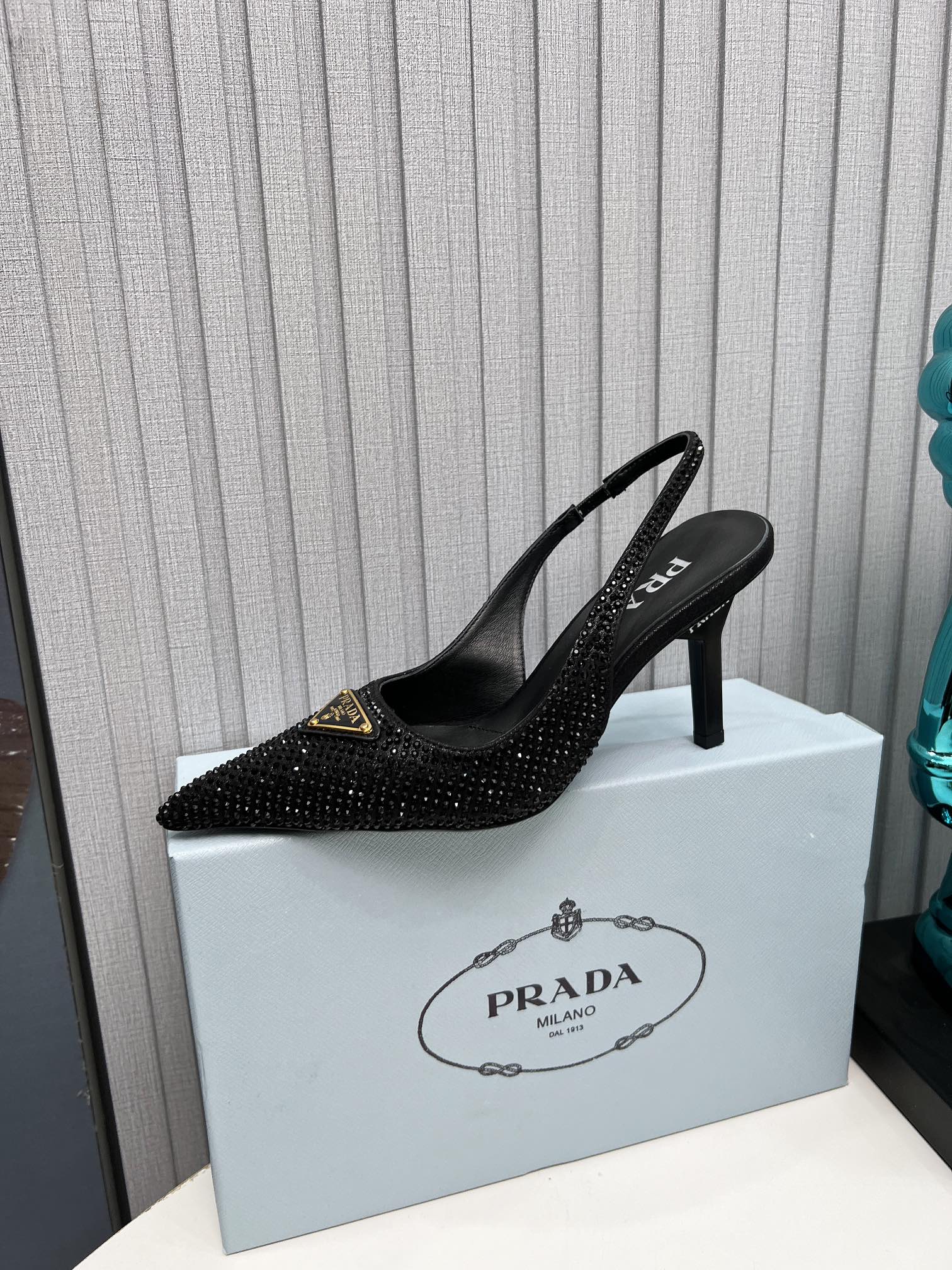 CRYSTAL SATIN HIGH-HEEL SLING BACK PUMPS BLACK