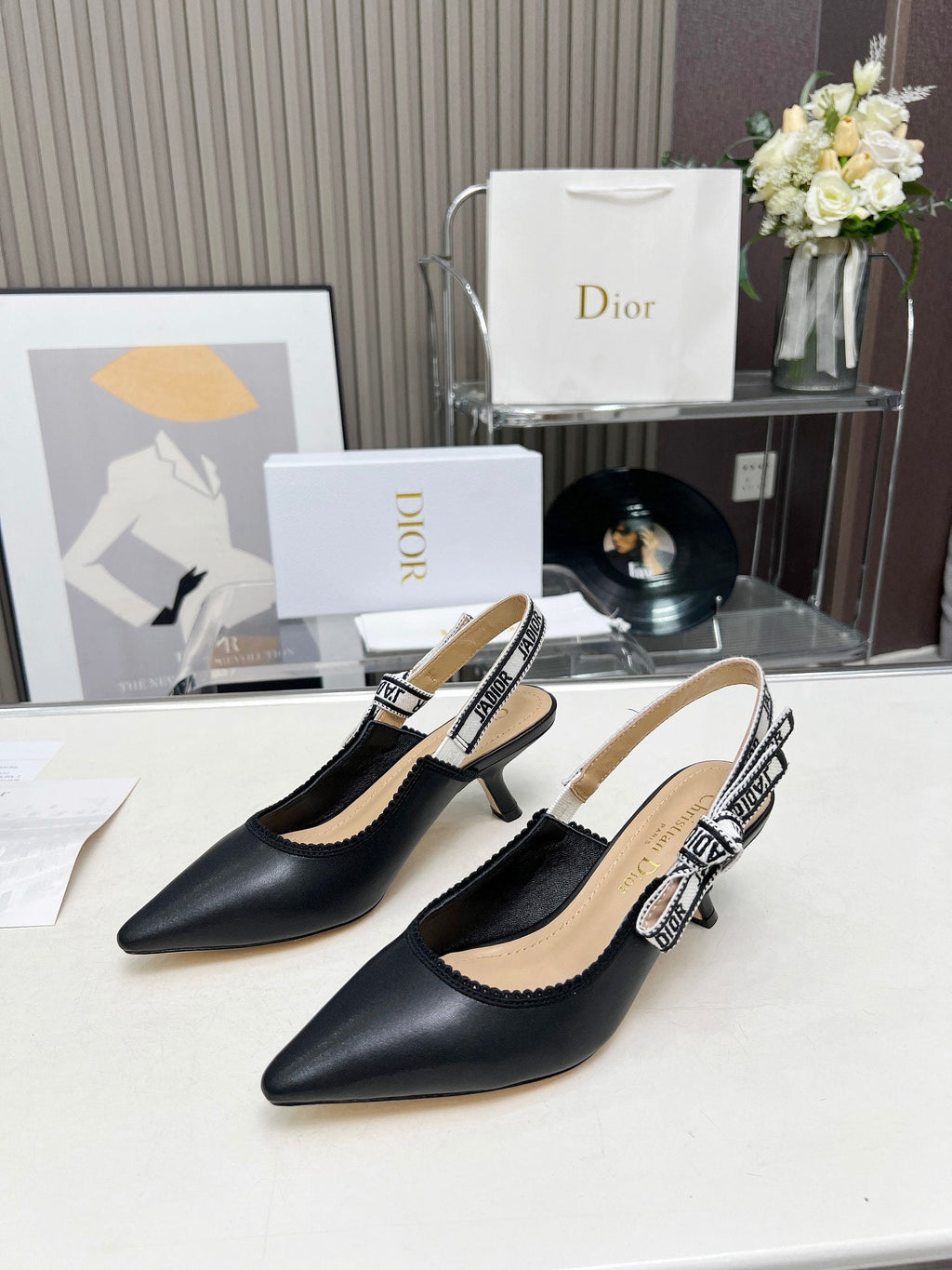 J'ADIOR SLINGBACK PUMP BLACK CALFSKIN AND EMBROIDERED FABRIC 65 MM