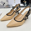 J'ADIOR SLINGBACK PUMP NATURAL RAFFIA AND BLACK EMBROIDERED COTTON 65 MM