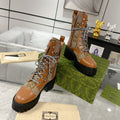 GG LACE-UP SHORT BOOTS IN CINNAMON BROWN CANVAS MIX CALFSKIN