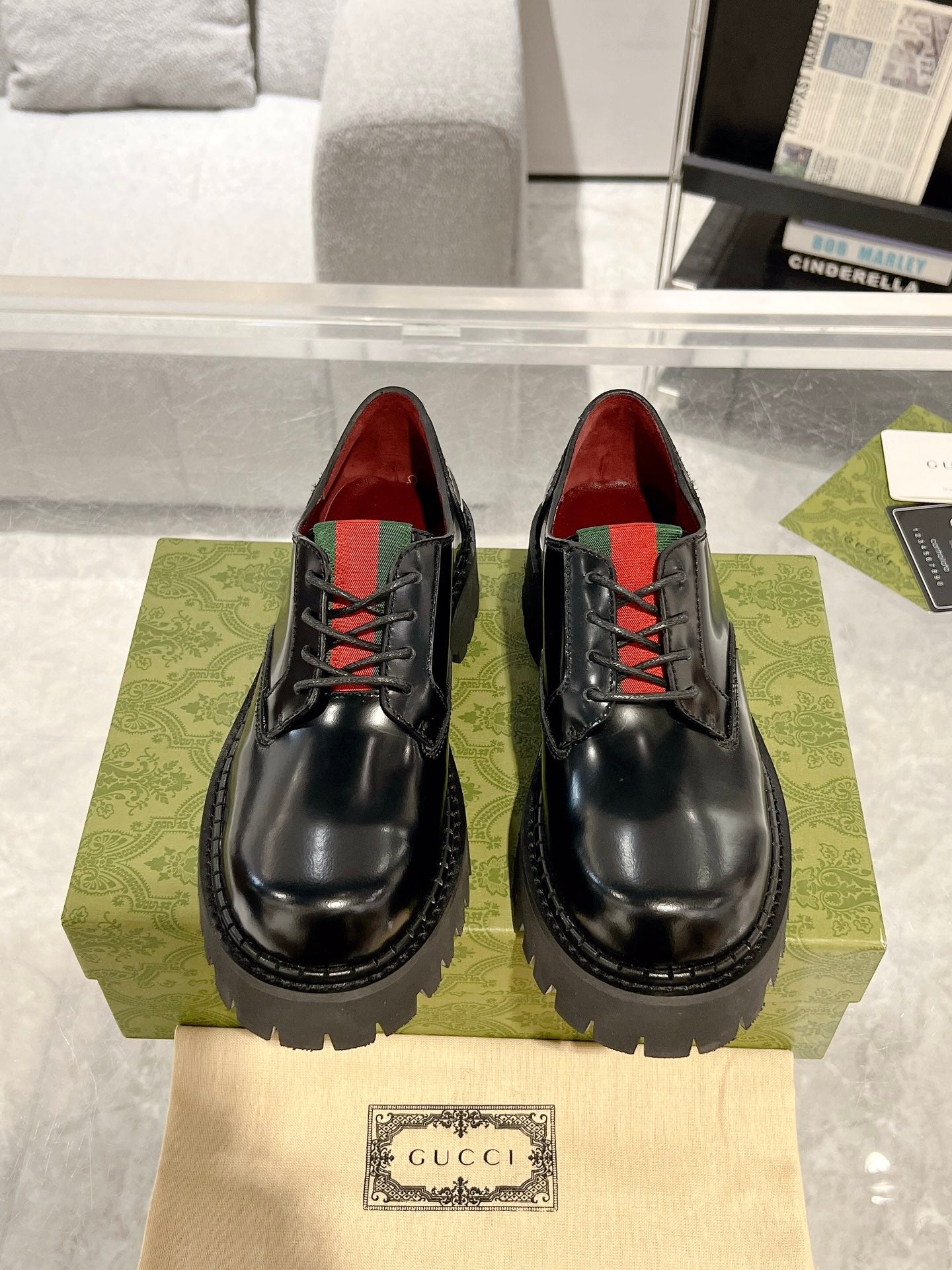 GG LACE-UP LOAFER WITH WEB IN BLACK SHINY LEATHER