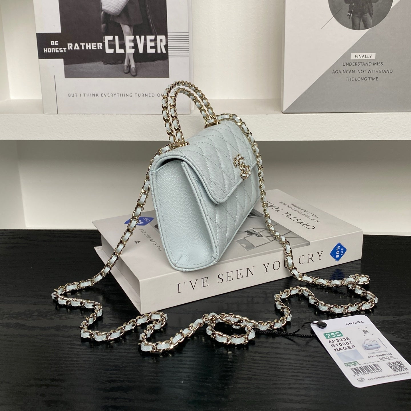 CHANEL 25S KELLY BAG 19 IN POWDER BLUE CALFSKIN GOLD HARDWARE