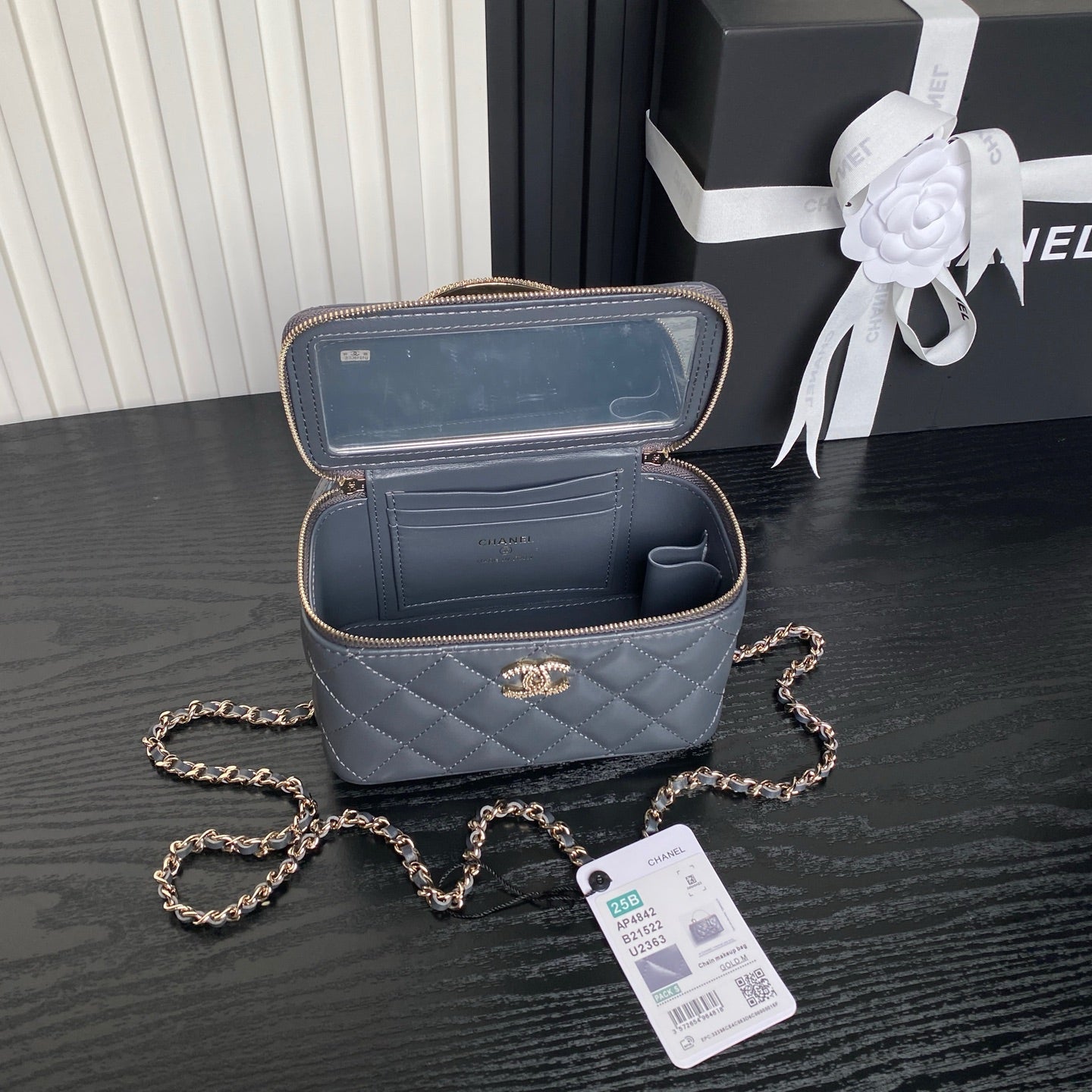 CHANEL 25S VANITY CASE 17 IN BLUE GRAY LAMBSKIN GOLD HARDWARE