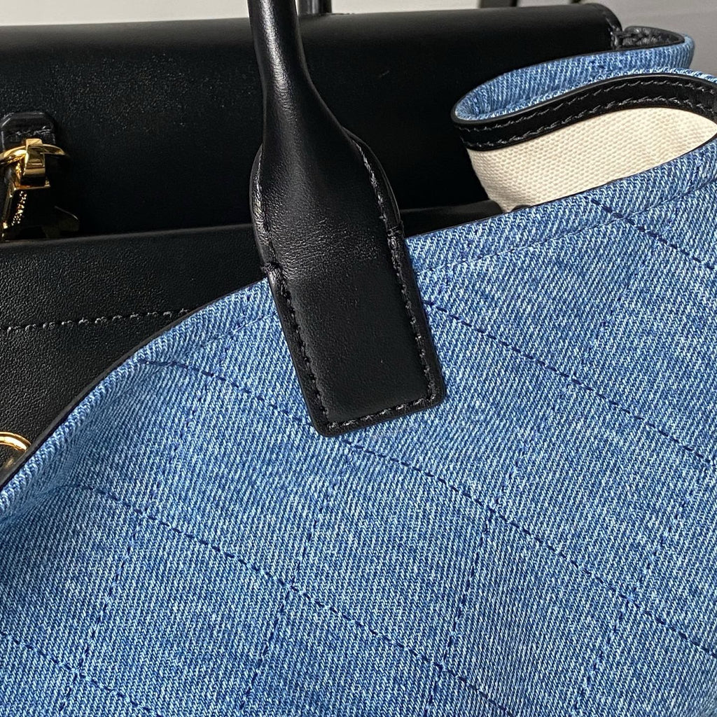 CHANEL 26S TOP HANDLE BAG 30 IN BLUE DENIM AND BLACK CALFSKIN GOLD HARDWARE