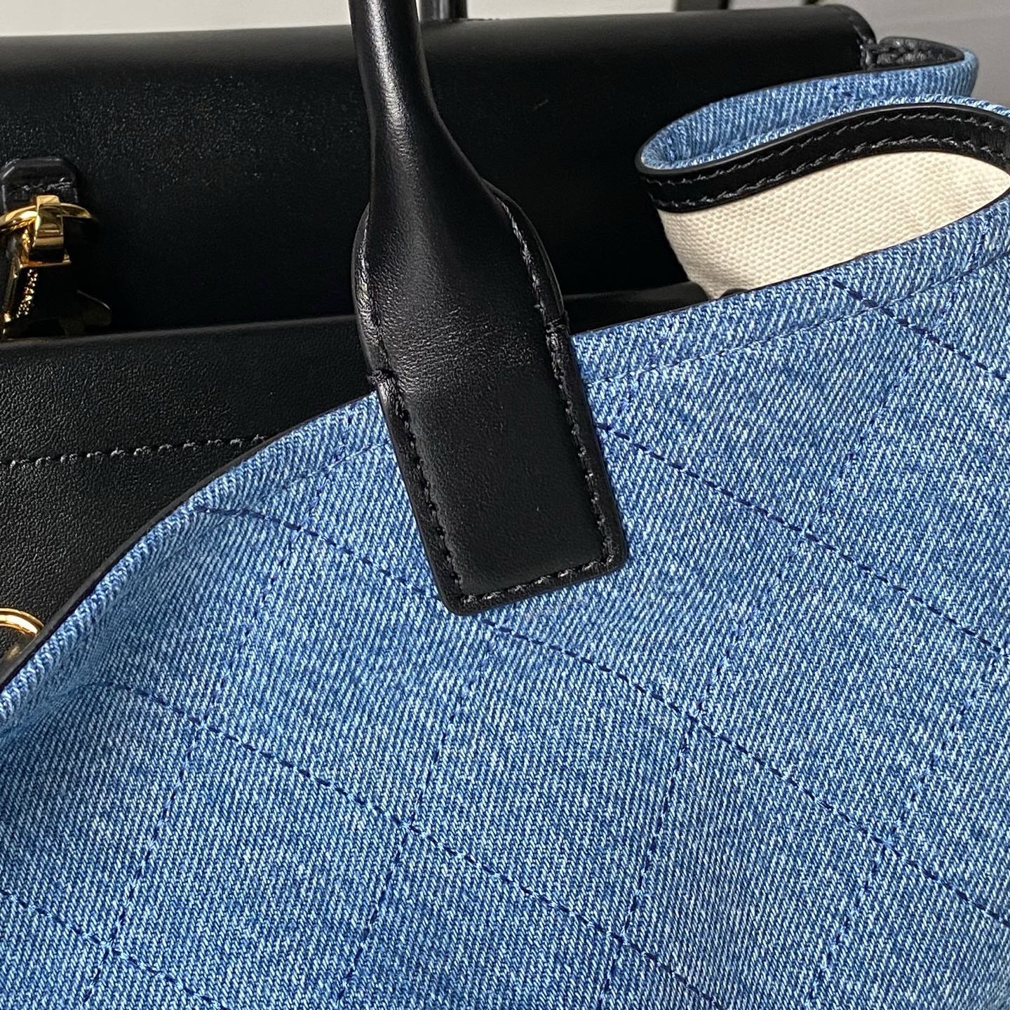 CHANEL 26S TOP HANDLE BAG 30 IN BLUE DENIM AND BLACK CALFSKIN GOLD HARDWARE