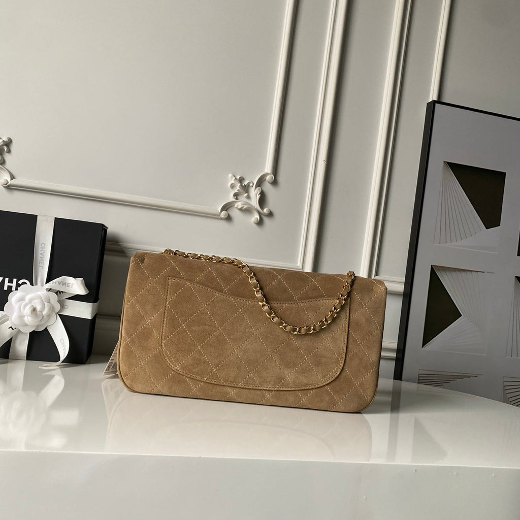 CHANEL 26S MAXI FLAP BAG 32 IN DARK BEIGE SUEDE AND CALFSKIN GOLD HARDWARE