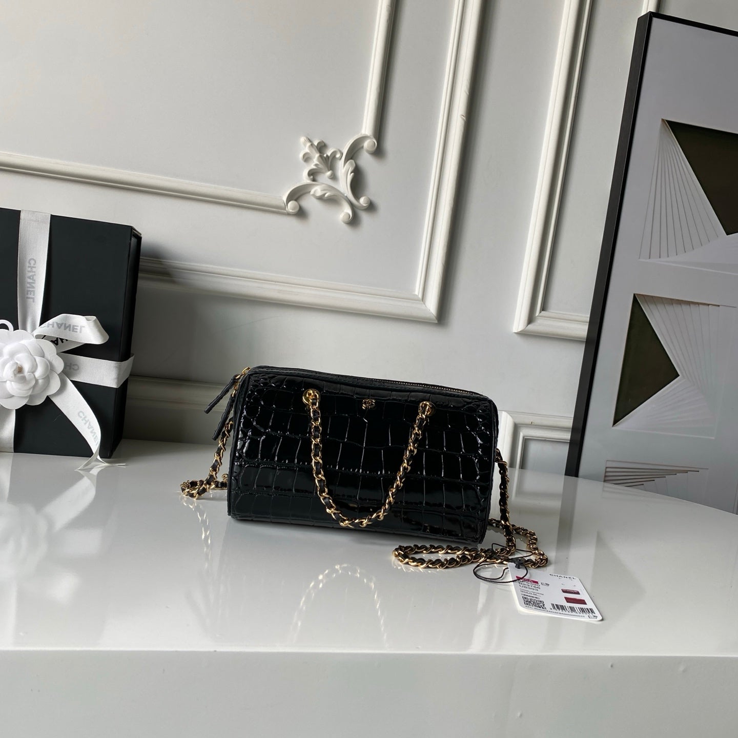 CHANEL 26S MINI TIMELESS CLASSIC BARREL BAG 19 IN BLACK CROCODILE-EMBOSSED PATENT CALFSKIN GOLD HARDWARE
