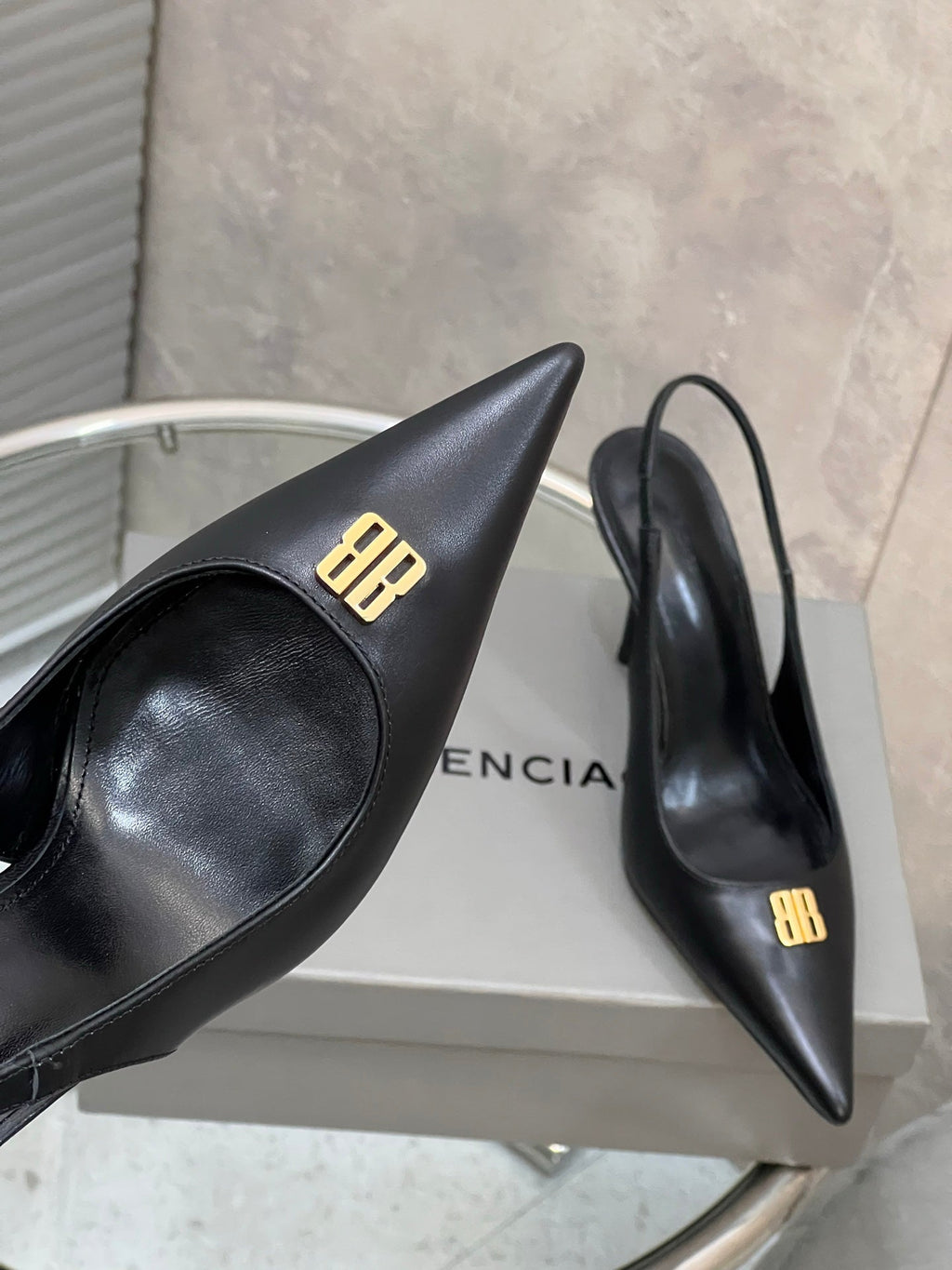 BALENCIAGA 25S HIGH-HEEL SLINGBACK 85 MM IN BLACK COW LEATHER WITH GOLD HARDWARE