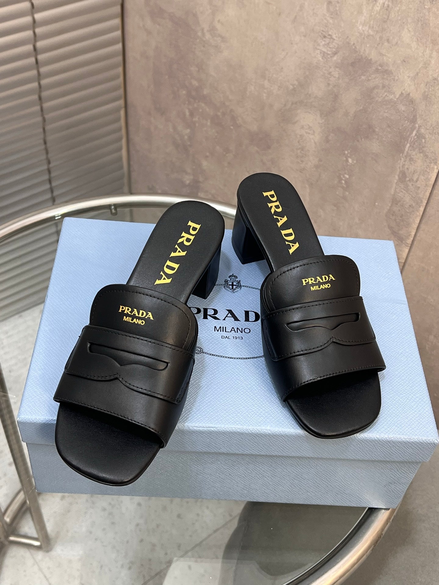 PRADA 26S BLOCK HEEL SLIDE SANDALS 60MM IN BLACK CALFSKIN WITH LOGO