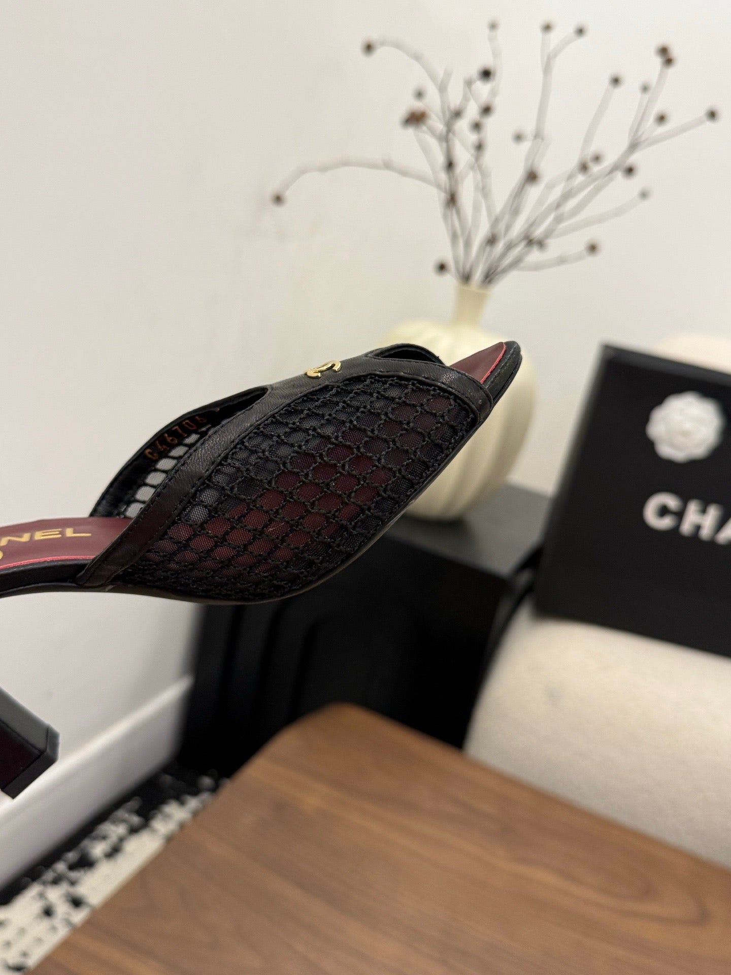 CHANEL 26S COCO BEACH MULES IN BLACK MESH AND FARBIC