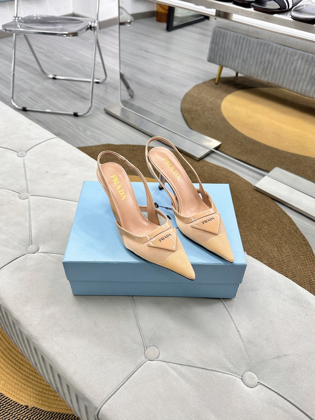 PRADA 25S TRIANGLE LOGO SLINGBACK PUMPS IN BEIGE MESH FABRIC