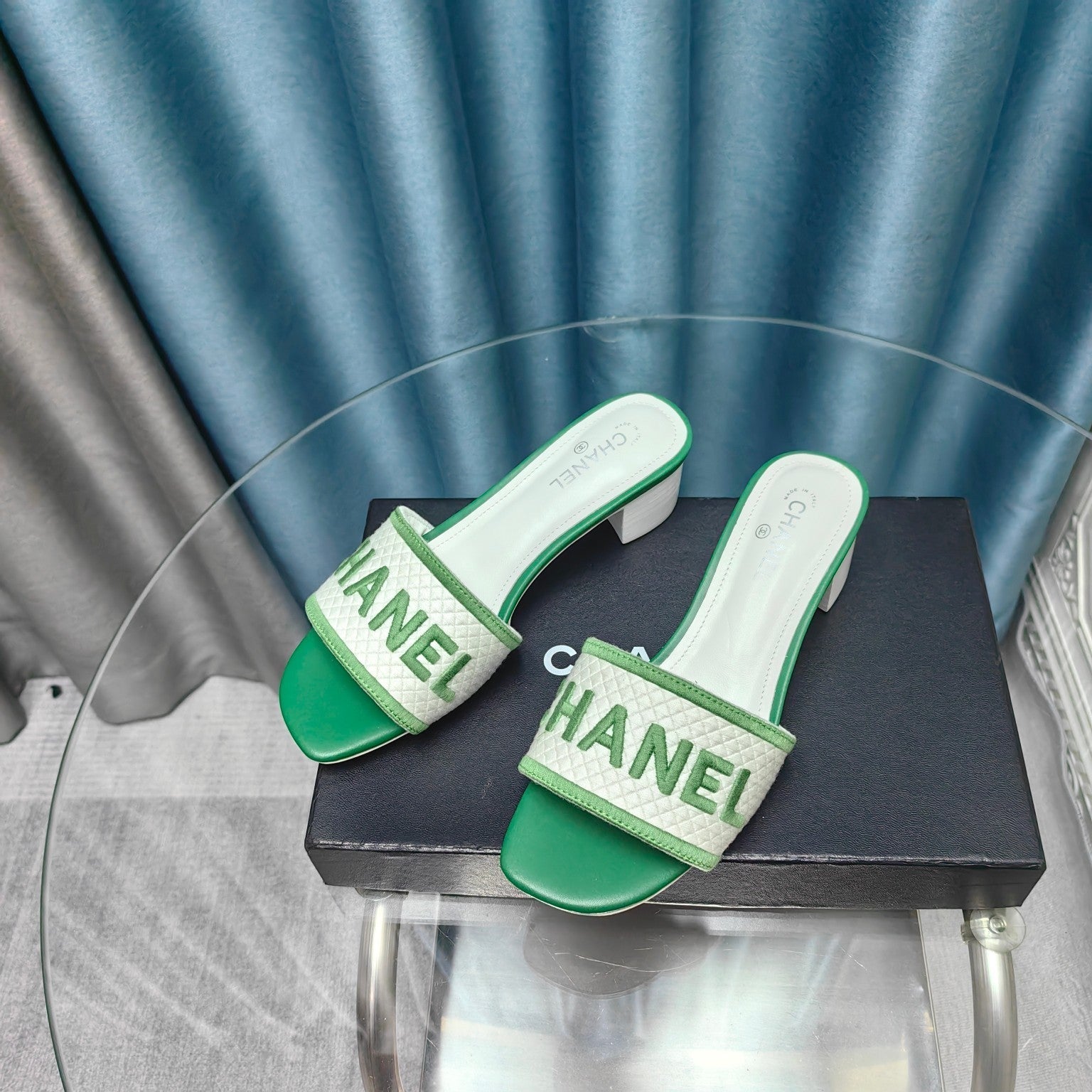 MULE SANDAL 45 WHITE MIX LIGHT GREEN FABRIC EMBROIDERY