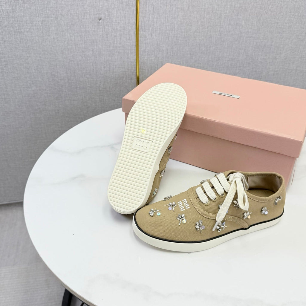 MIUMIU 26S EMBELLISHED SNEAKERS IN CHESTNUT BROWN FABRIC