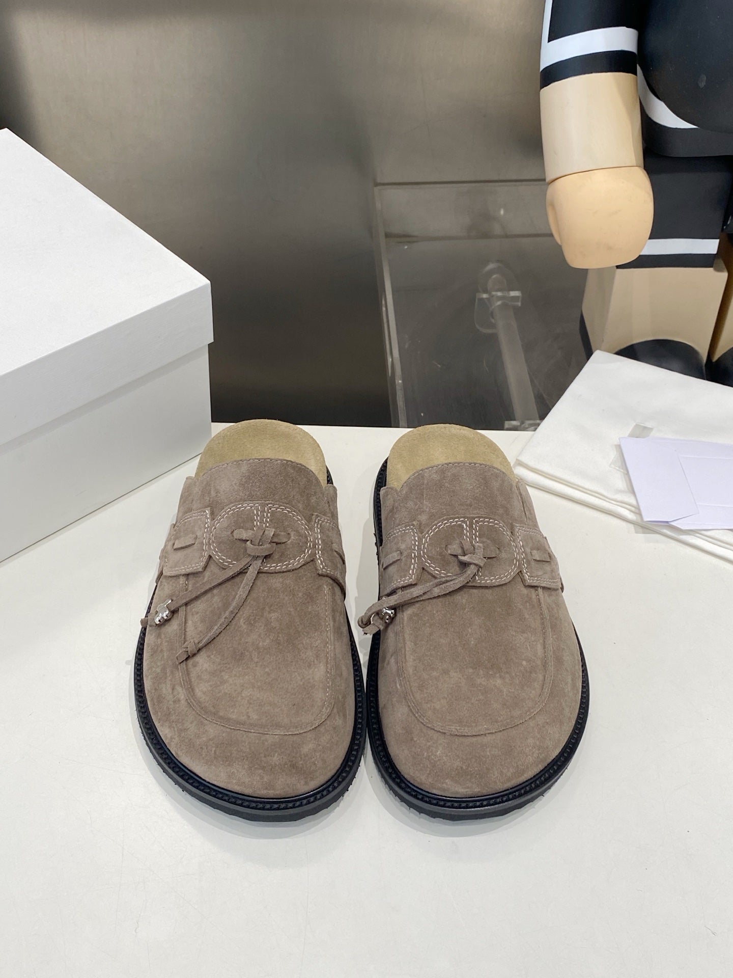 THE ROW 26S KNOT DETAIL MULE LOAFERS IN TAUPE BROWN SUEDE