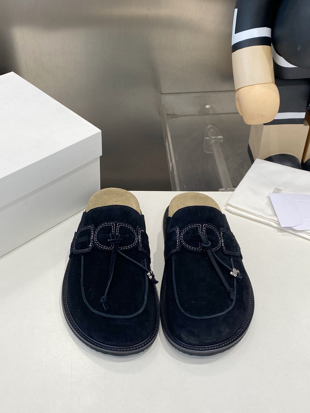 THE ROW 26S KNOT DETAIL MULE LOAFERS IN BLACK SUEDE