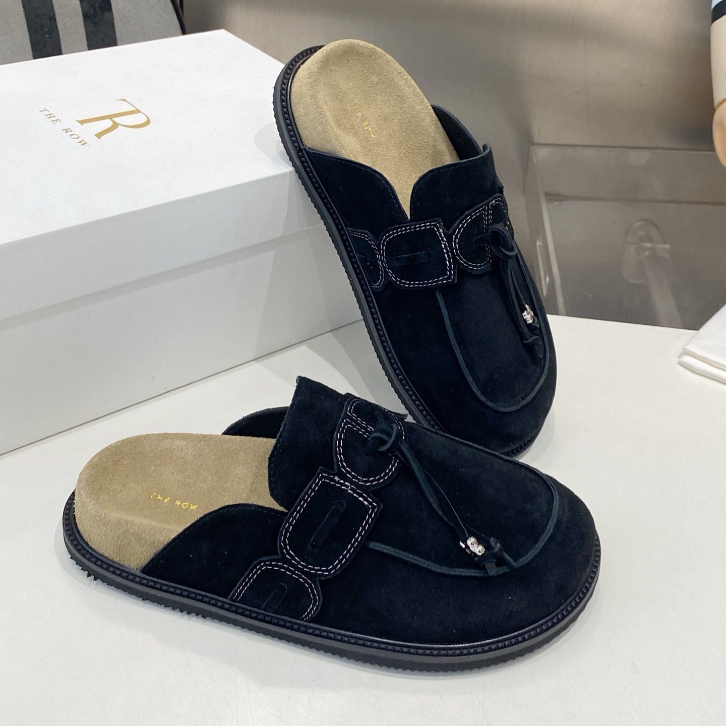 THE ROW 26S KNOT DETAIL MULE LOAFERS IN BLACK SUEDE