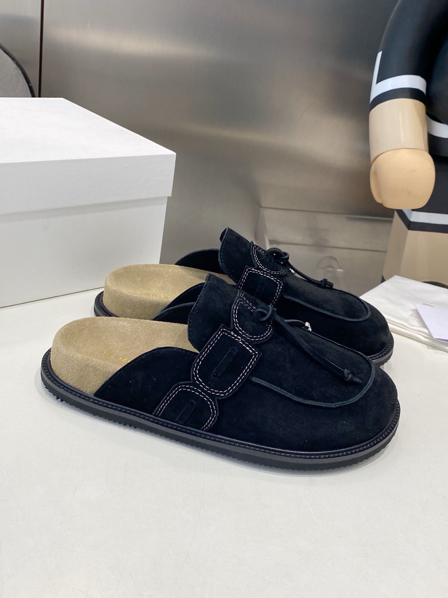 THE ROW 26S KNOT DETAIL MULE LOAFERS IN BLACK SUEDE