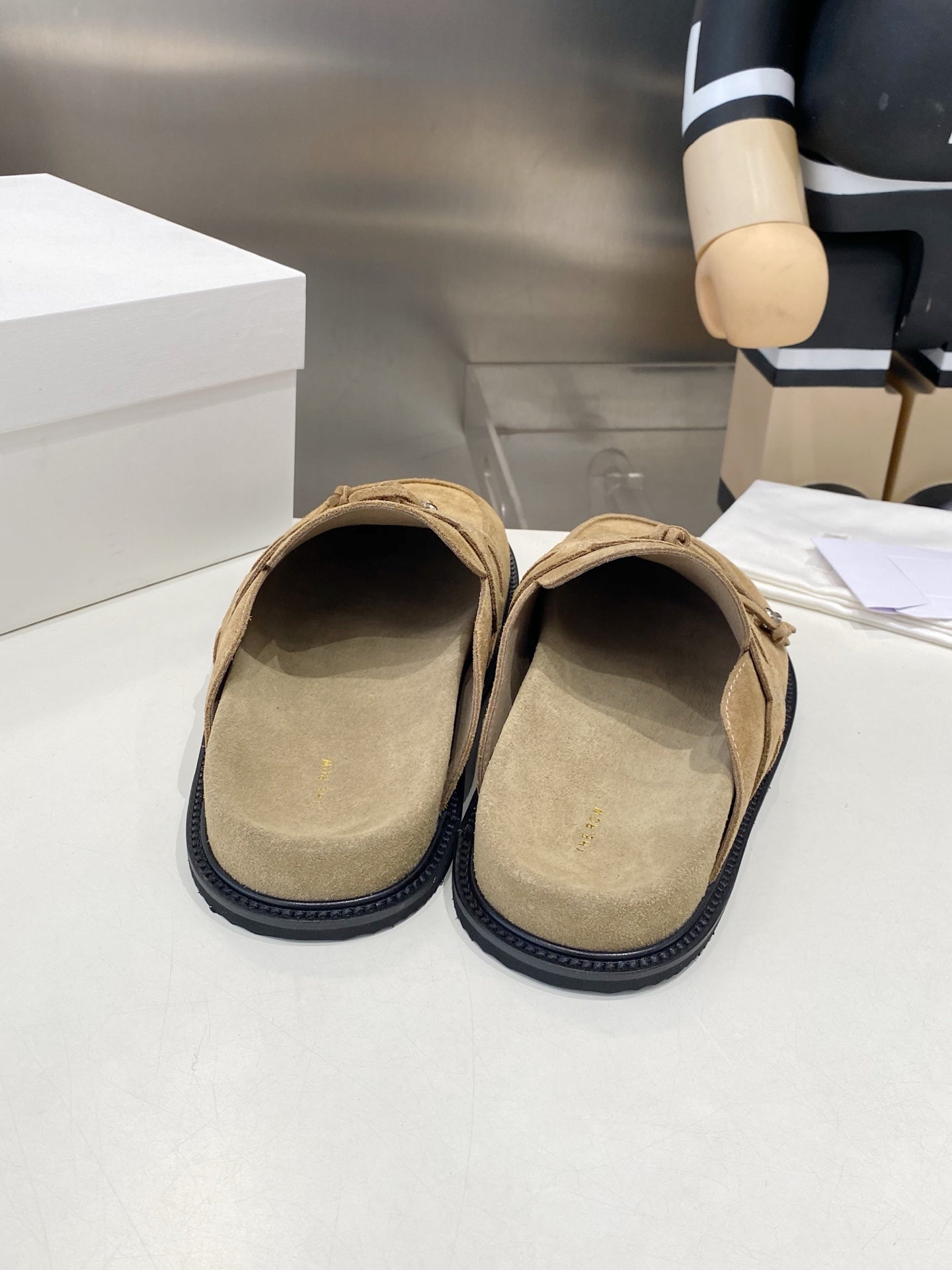 THE ROW 26S KNOT DETAIL MULE LOAFERS IN SAND BEIGE SUEDE