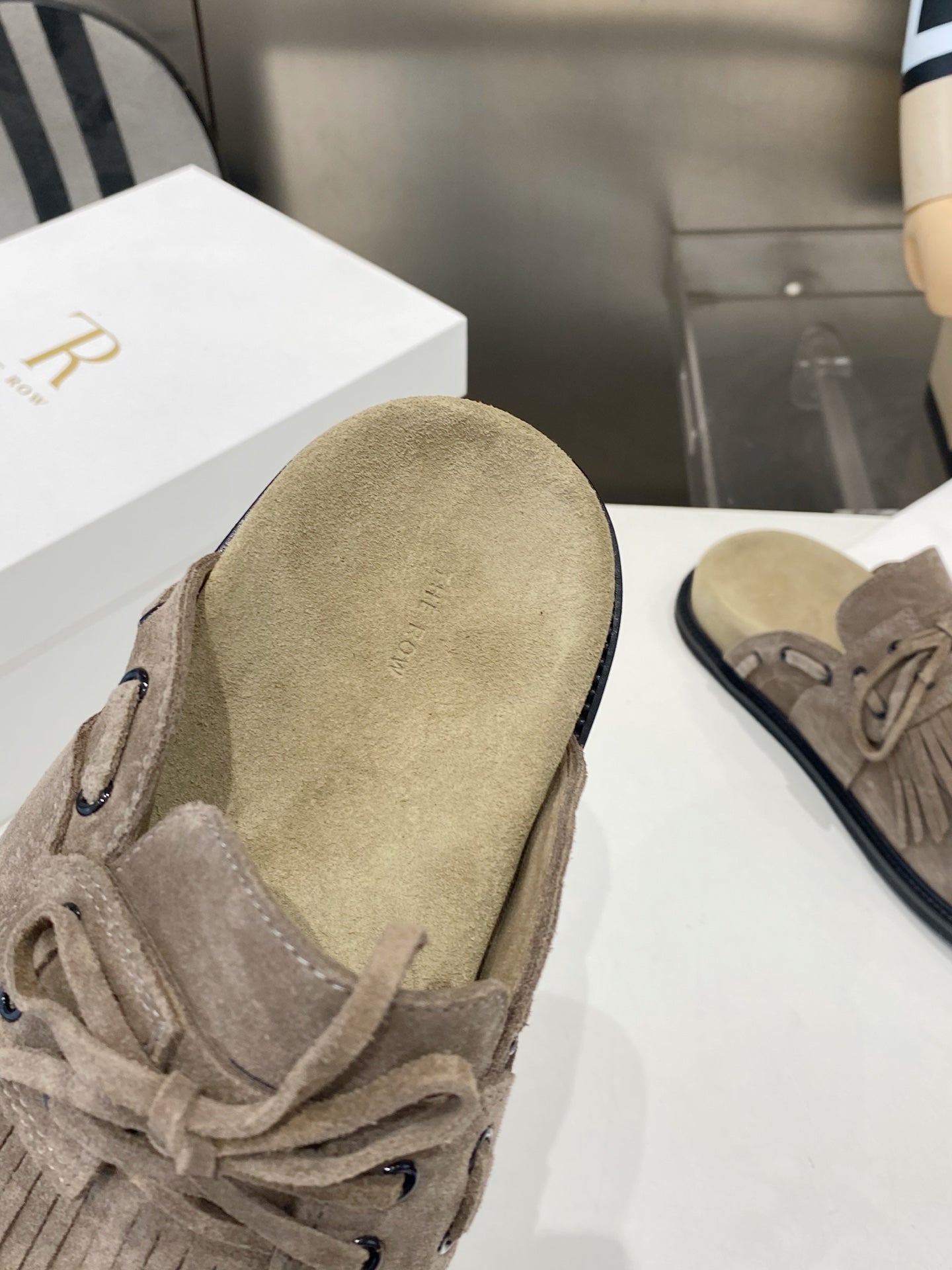 THE ROW 26S FRINGE LACE UP MULES IN TAUPE BROWN SUEDE