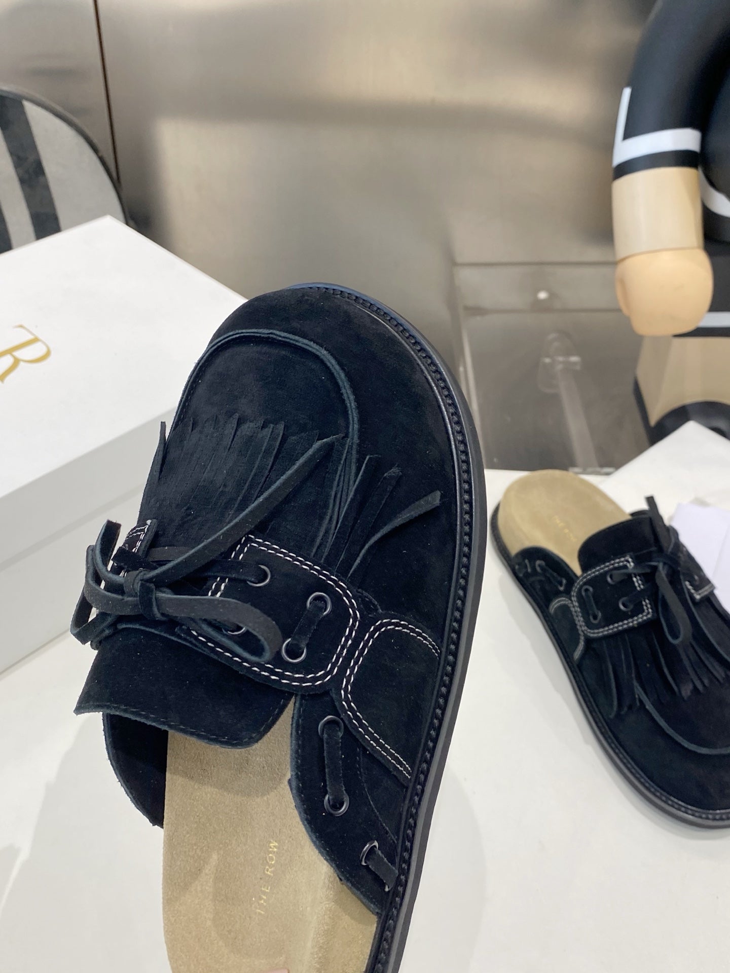 THE ROW 26S FRINGE LACE UP MULES IN BLACK SUEDE