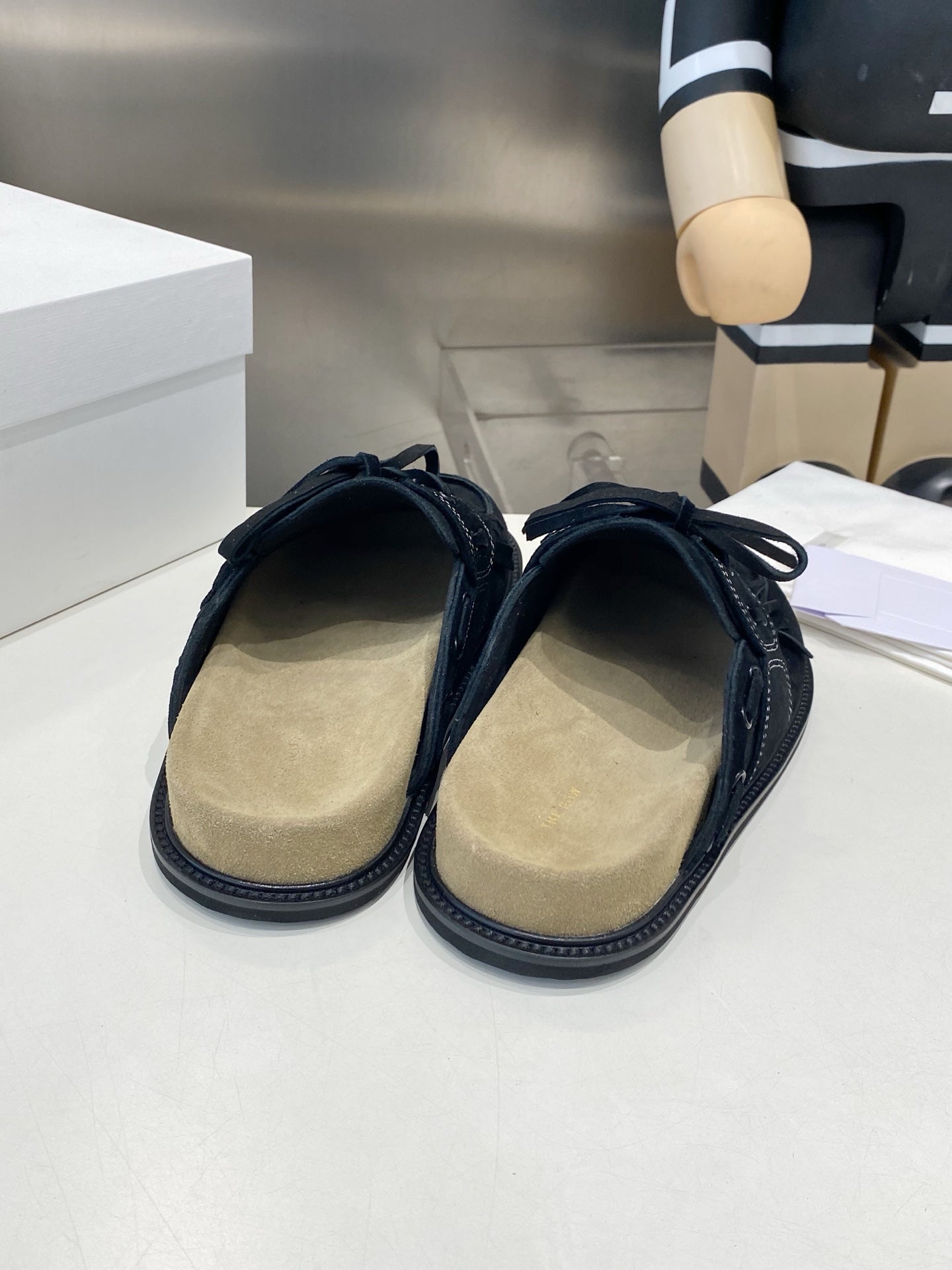THE ROW 26S FRINGE LACE UP MULES IN BLACK SUEDE