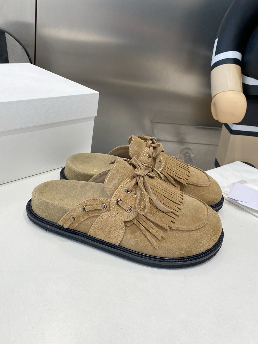 THE ROW 26S FRINGE LACE UP MULES IN SAND BEIGE SUEDE