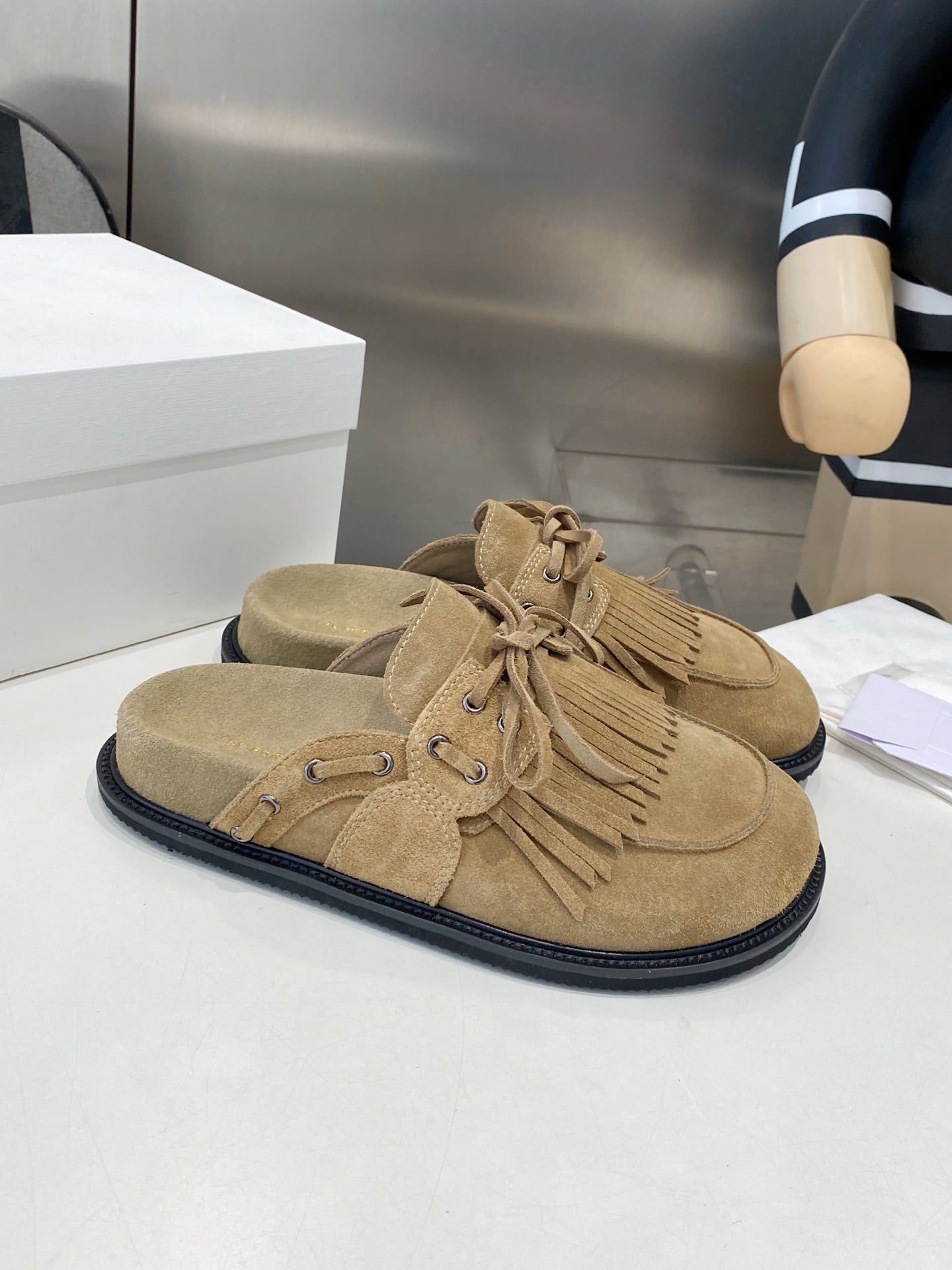 THE ROW 26S FRINGE LACE UP MULES IN SAND BEIGE SUEDE