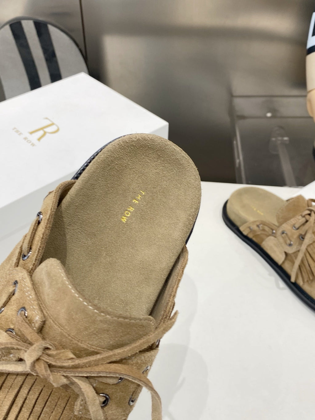 THE ROW 26S FRINGE LACE UP MULES IN SAND BEIGE SUEDE