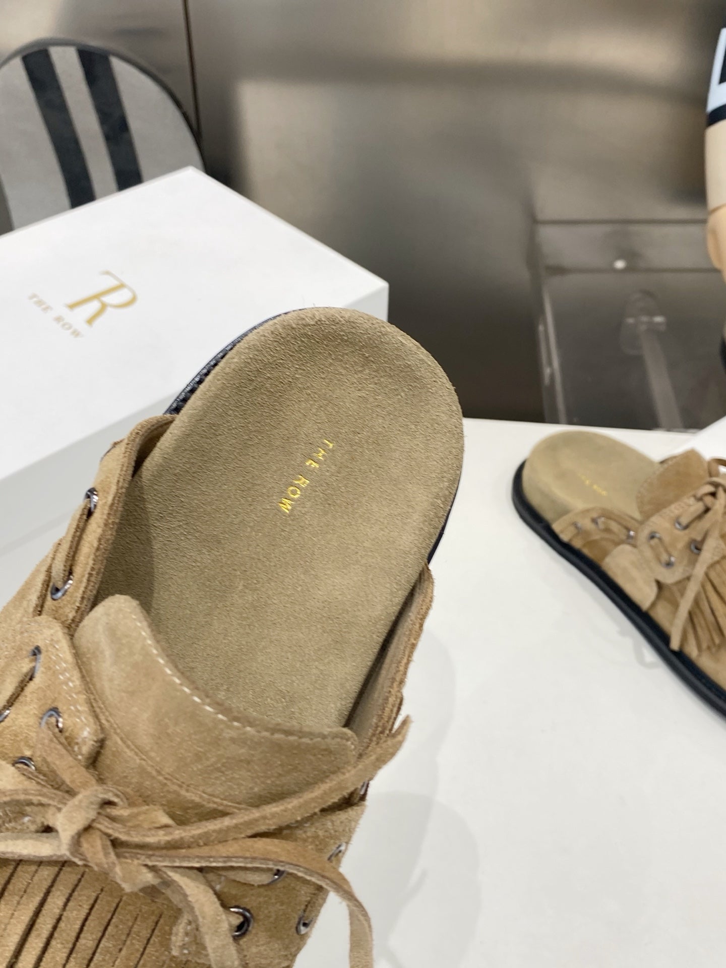 THE ROW 26S FRINGE LACE UP MULES IN SAND BEIGE SUEDE