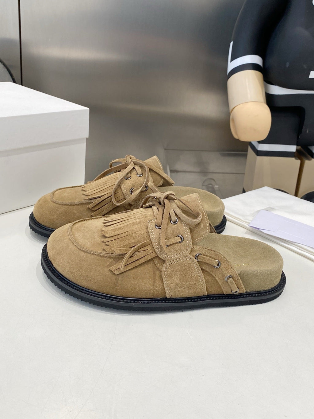 THE ROW 26S FRINGE LACE UP MULES IN SAND BEIGE SUEDE