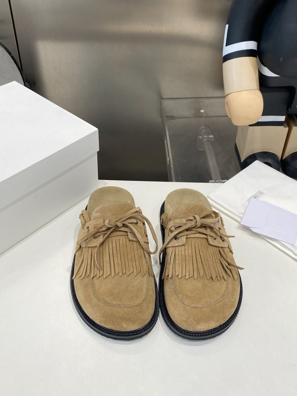 THE ROW 26S FRINGE LACE UP MULES IN SAND BEIGE SUEDE