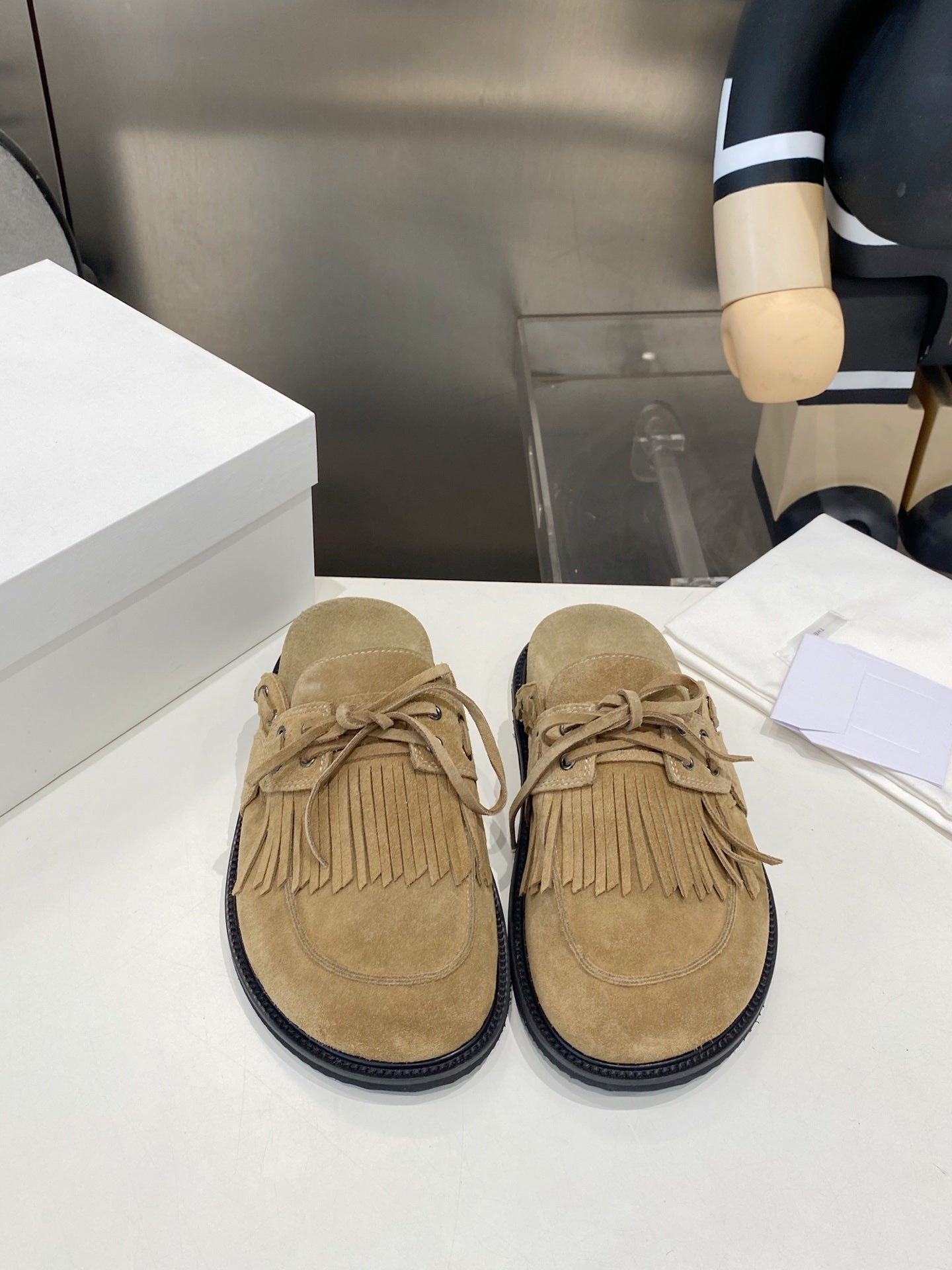 THE ROW 26S FRINGE LACE UP MULES IN SAND BEIGE SUEDE