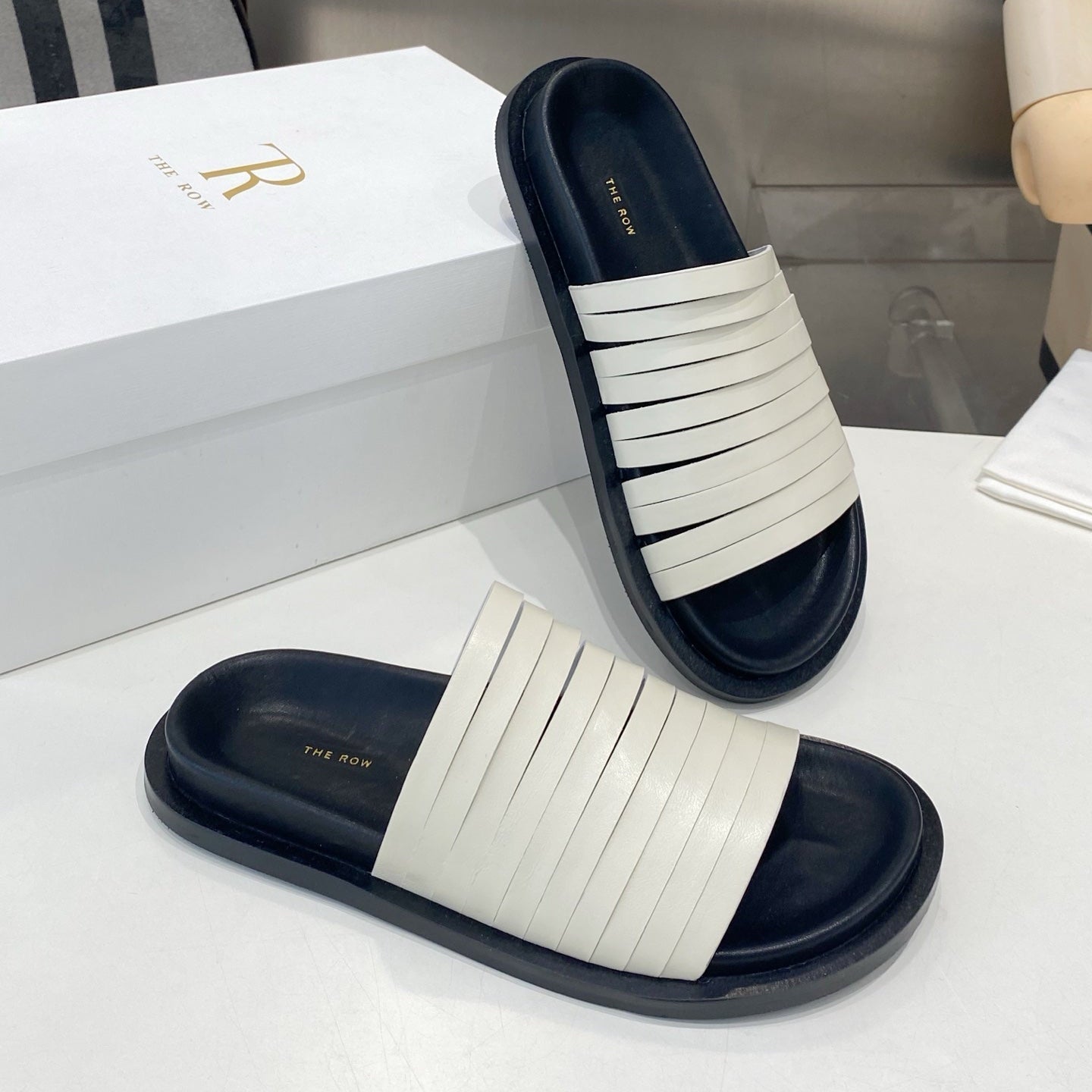 THE ROW 26S MULTI STRAP SLIDES IN WHITE CALFSKIN