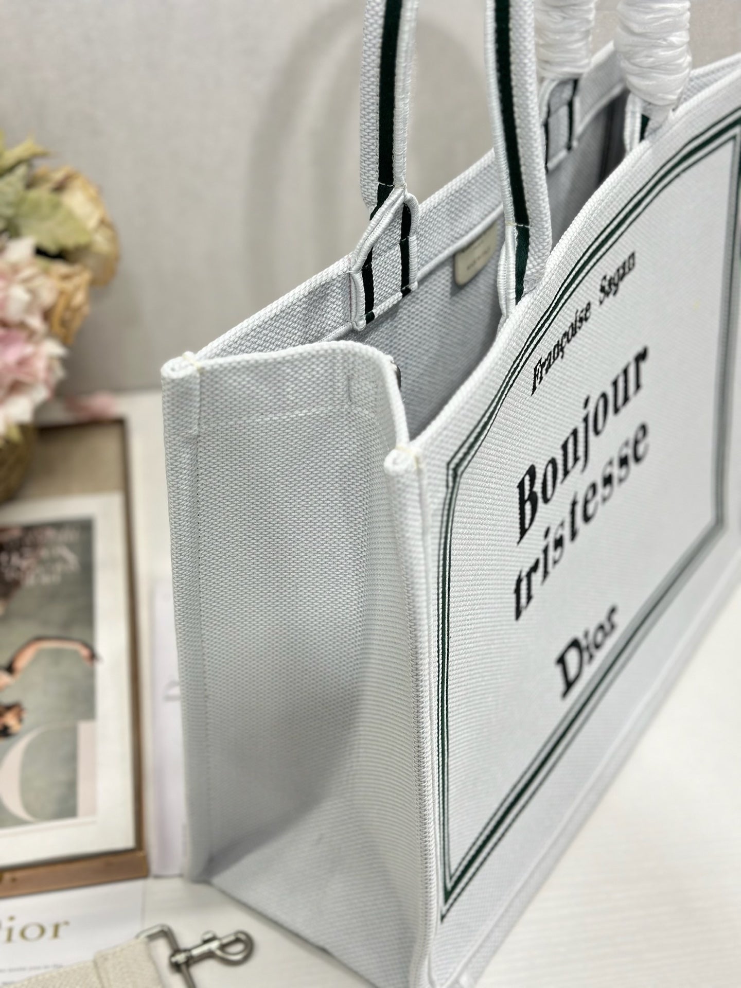 DIOR 26S BOOK TOTE BAG 42 IN WHITE EMBROIDERED LETTERING FABRIC