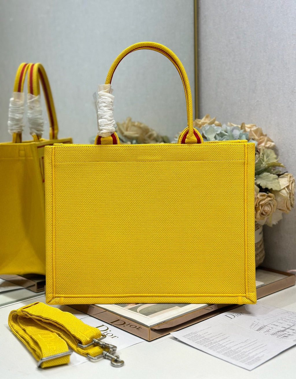 DIOR 26S BOOK TOTE BAG 36 IN YELLOW EMBROIDERED LETTERING FABRIC