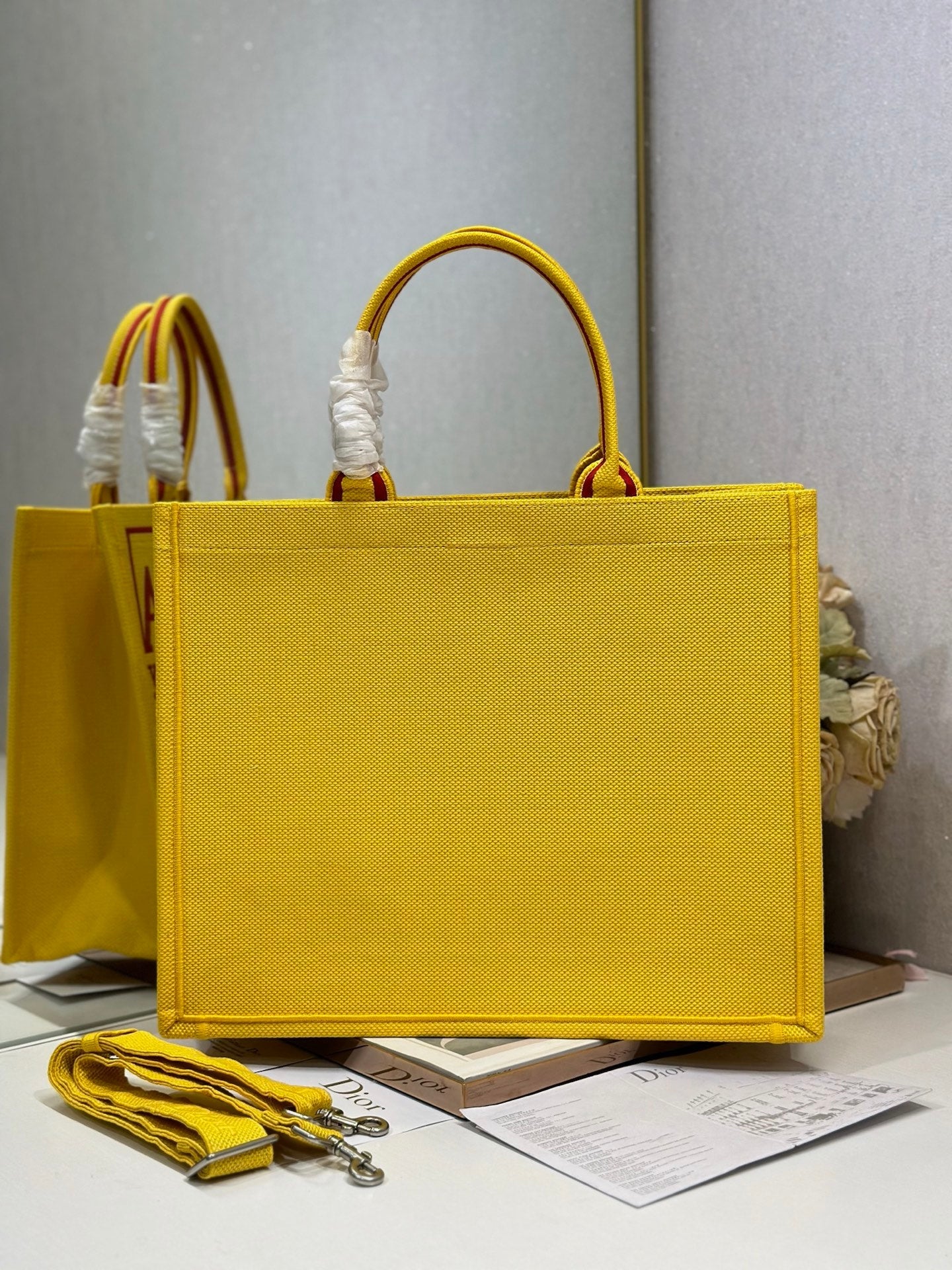 DIOR 26S BOOK TOTE BAG 42 IN YELLOW EMBROIDERED LETTERING FABRIC