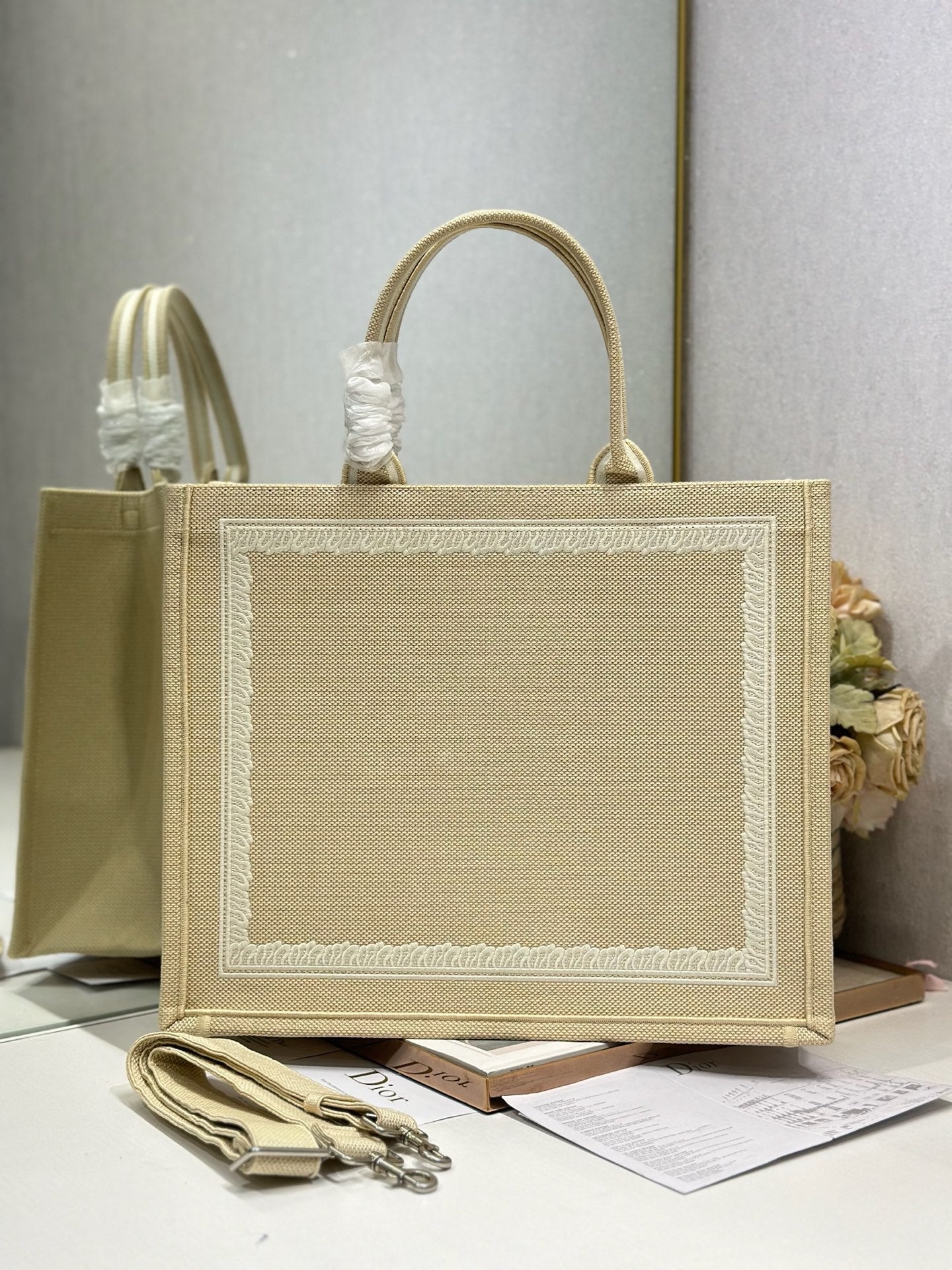 DIOR 26S BOOK TOTE BAG 42 IN BEIGE EMBROIDERED LETTERING FABRIC