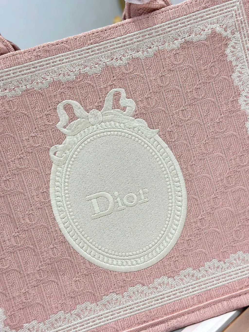 DIOR 26S  BOOK TOTE BAG 36 IN LIGHT PINK AND WHITE FABRIC