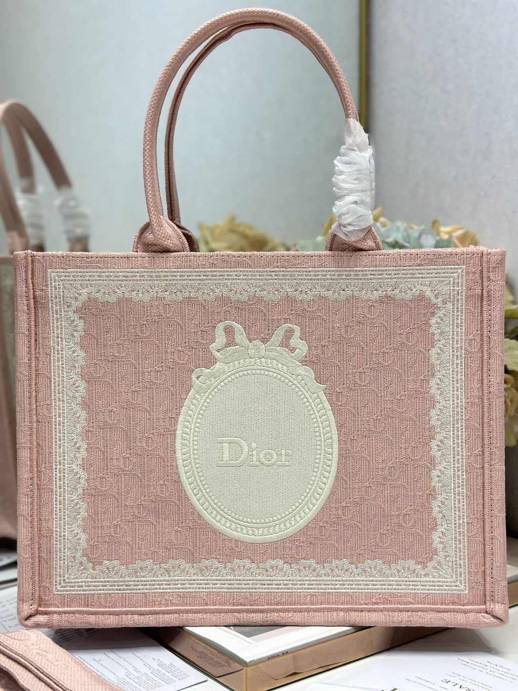 DIOR 26S  BOOK TOTE BAG 36 IN LIGHT PINK AND WHITE FABRIC