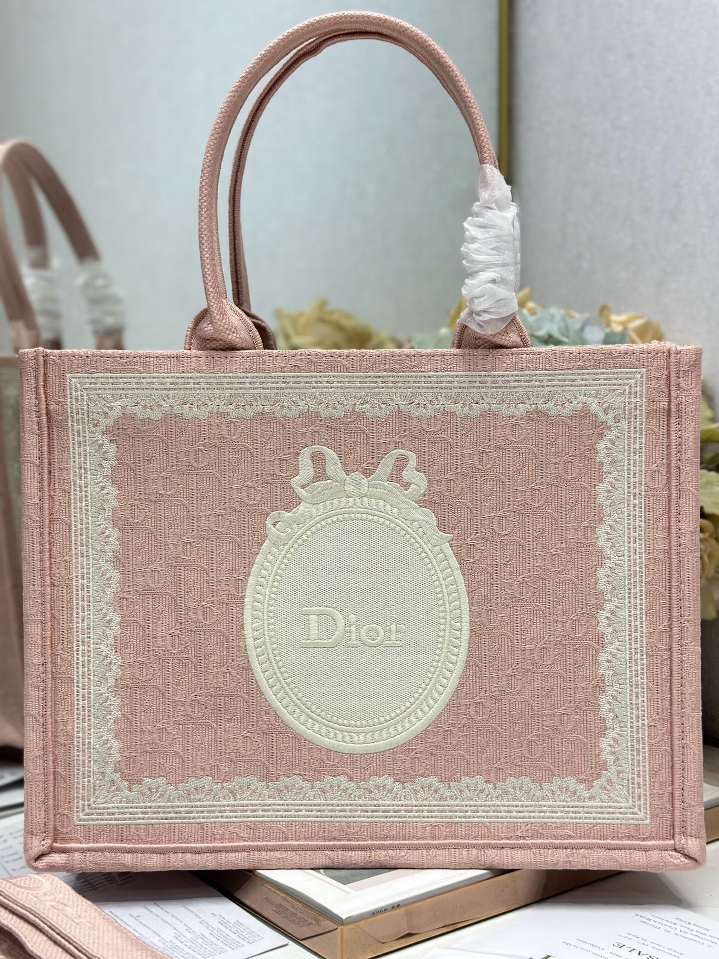 DIOR 26S  BOOK TOTE BAG 36 IN LIGHT PINK AND WHITE FABRIC