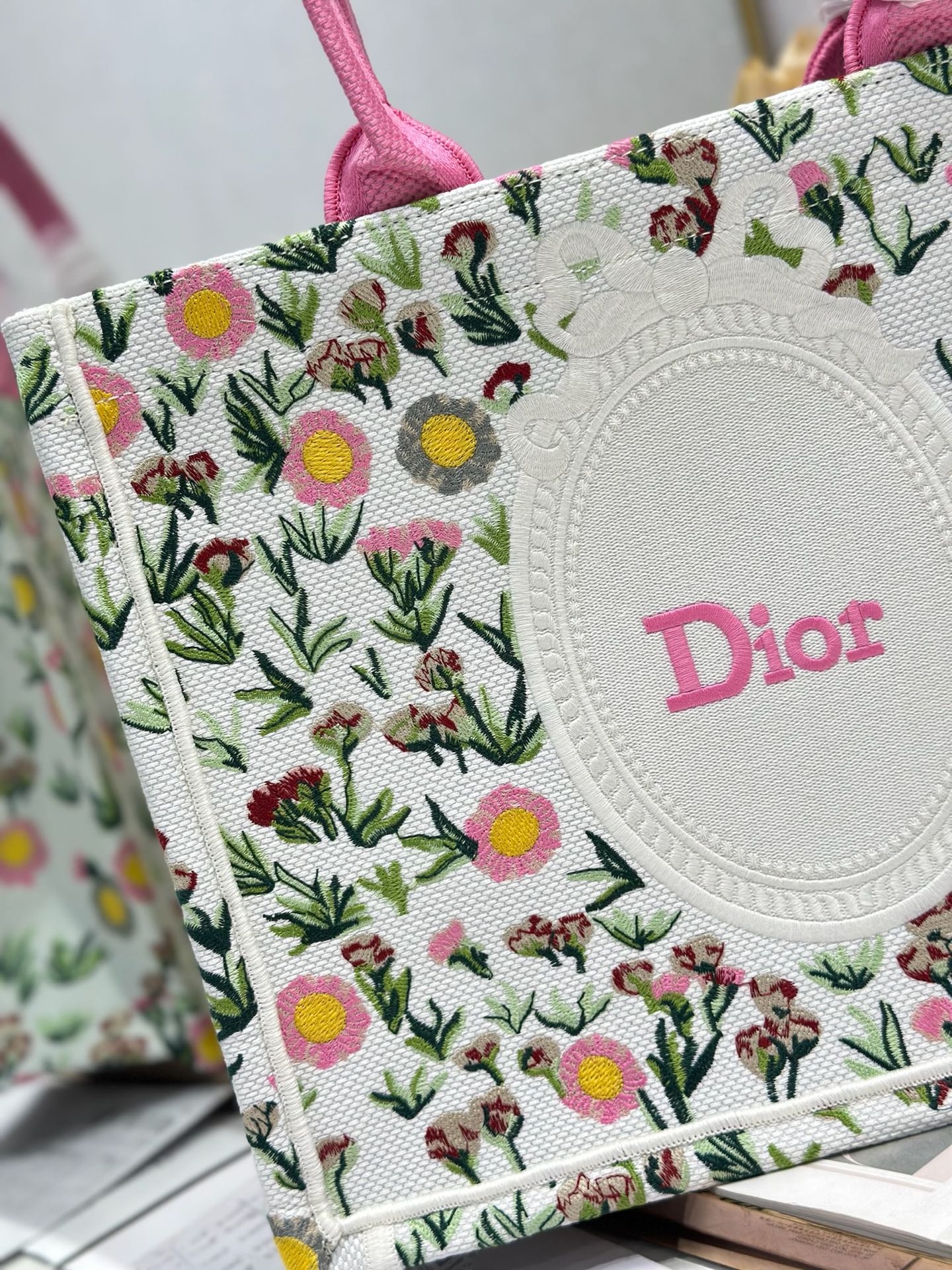 DIOR 26S BOOK TOTE BAG 36 IN MULTICOLOR FLORAL EMBROIDERED JACQUARD