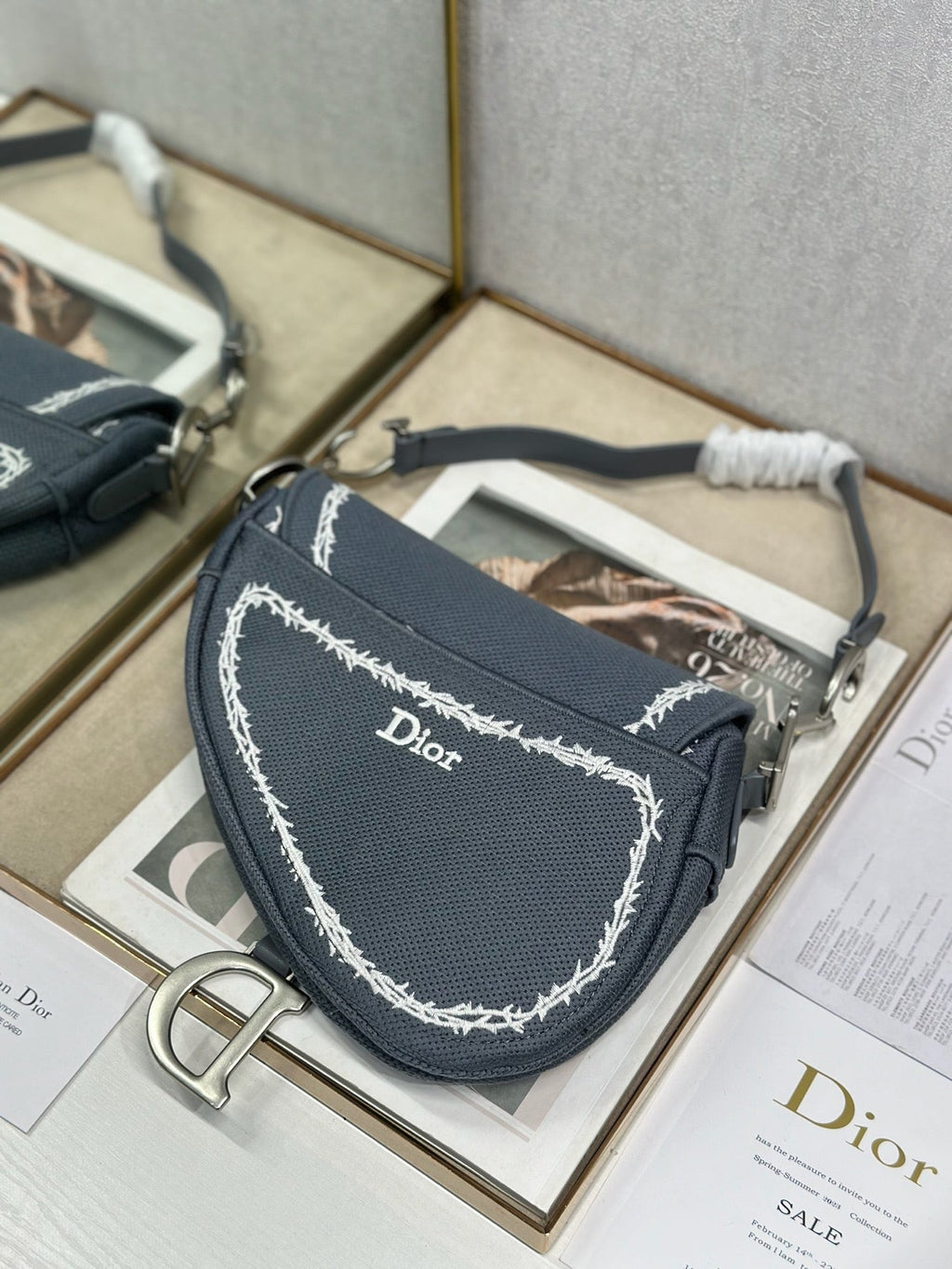DIOR 26S SADDLE BAG 25 IN DARK BLUE AND WHITE EMBROIDERED JACQUARD