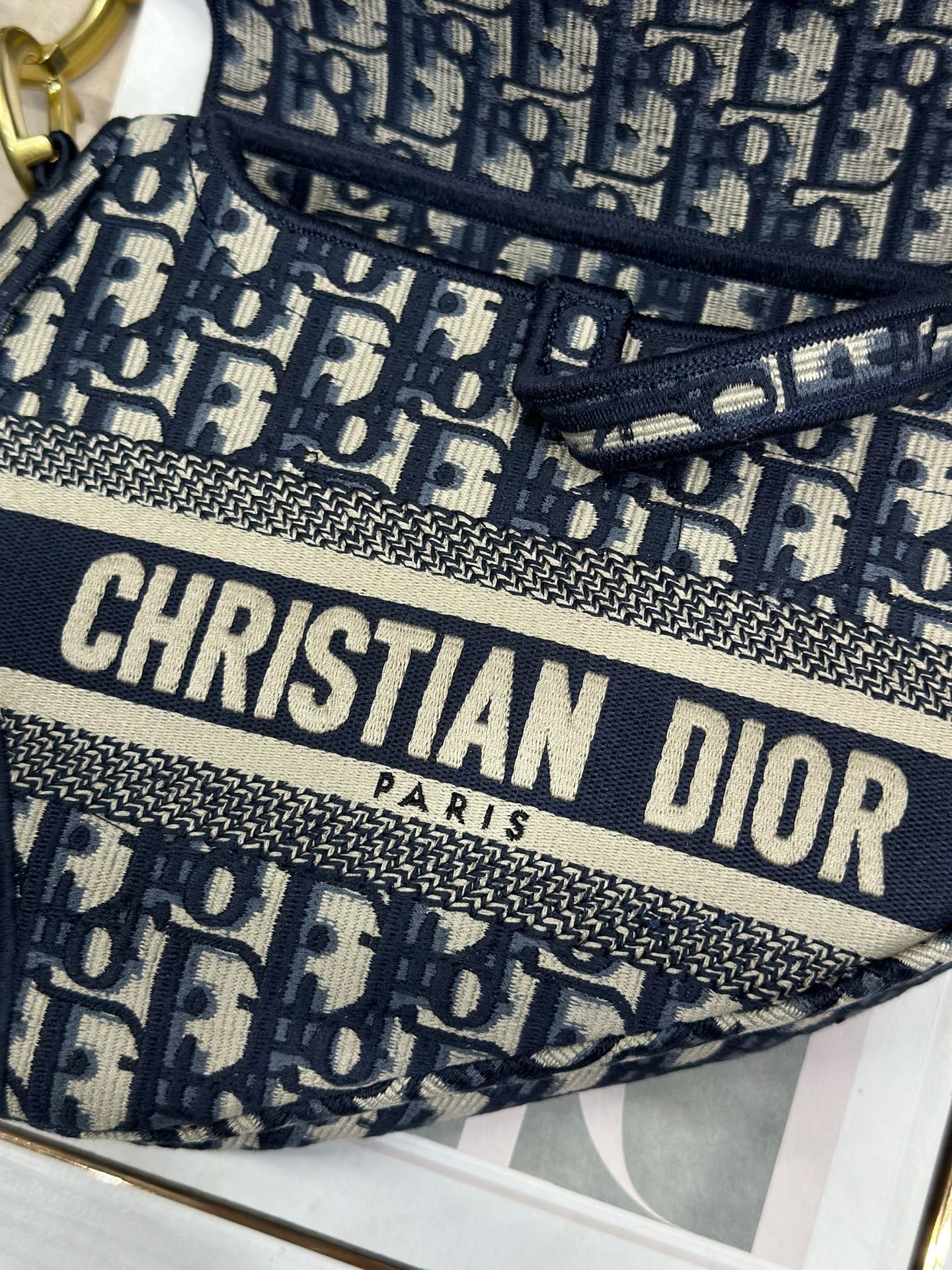 DIOR 26S SADDLE BAG 25 IN NAVY BLUE AND WHITE OBLIQUE JACQUARD