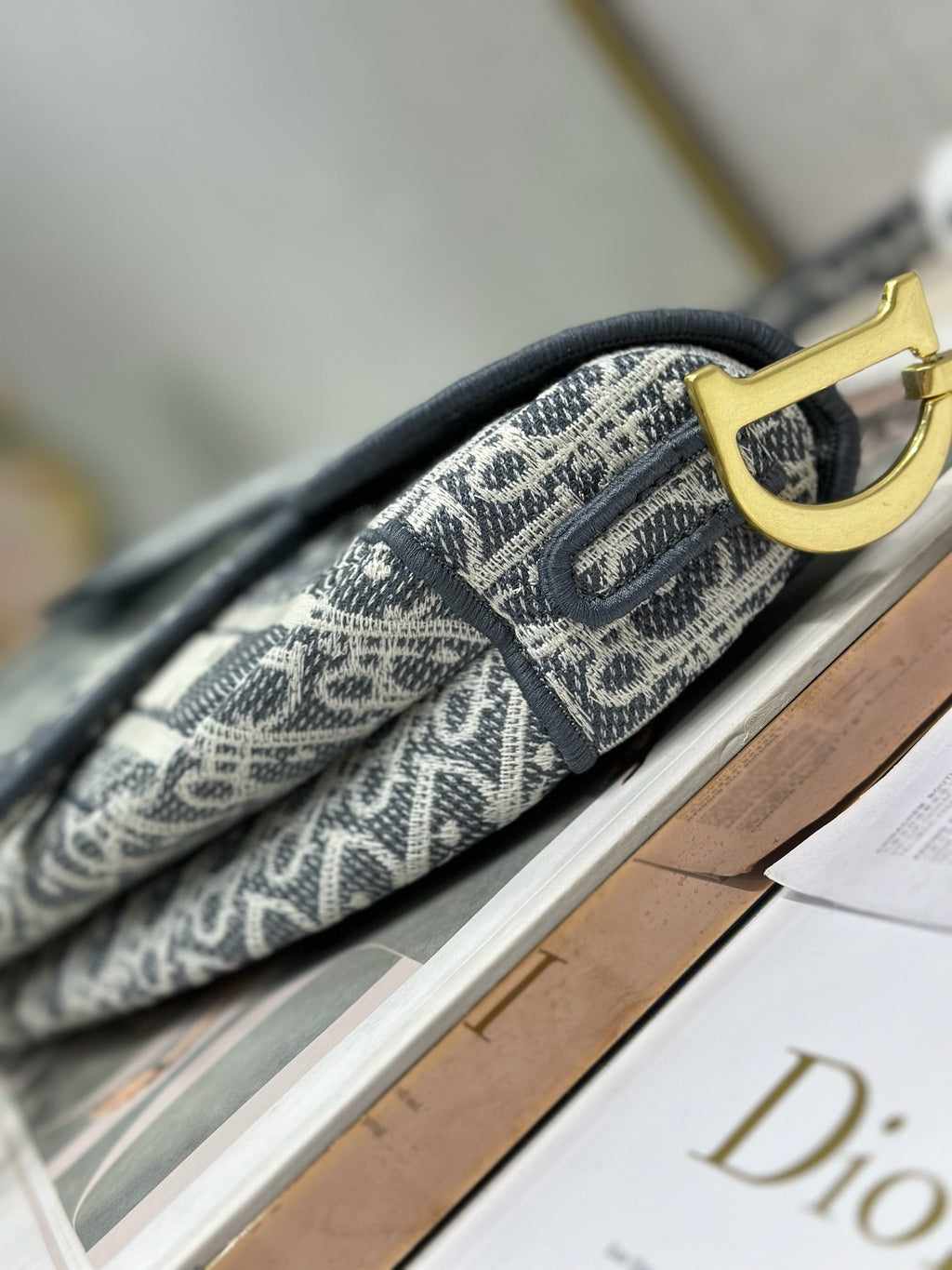 DIOR 26S SADDLE BAG 25 IN NAVY BLUE AND BLACK OBLIQUE JACQUARD