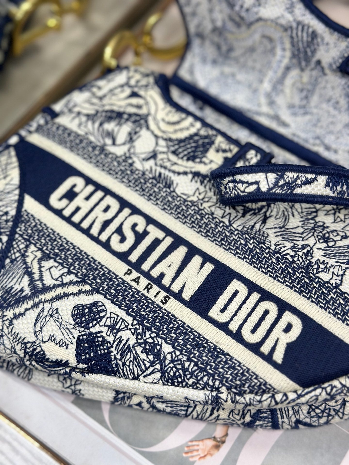 DIOR 26S SADDLE BAG 25 IN NAVY BLUE AND BEIGE JACQUARD