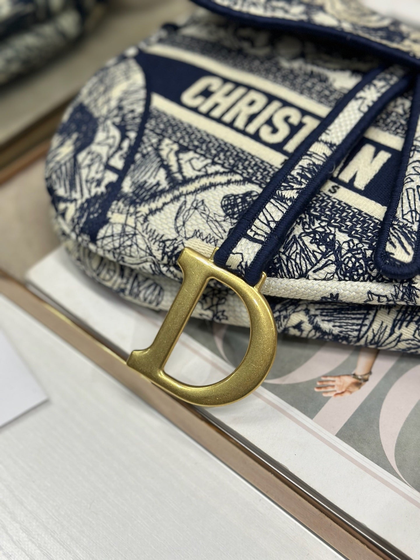 DIOR 26S SADDLE BAG 25 IN NAVY BLUE AND BEIGE JACQUARD