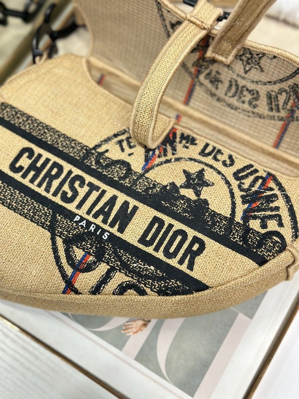 DIOR 26S SADDLE BAG 25 IN BEIGE EMBROIDERED FABRIC