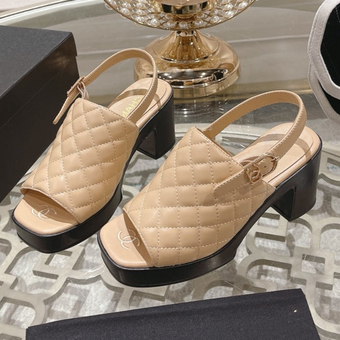 Double C  Chunky Heel Peep-Toe Open Sandals Beige Cream Lambskin