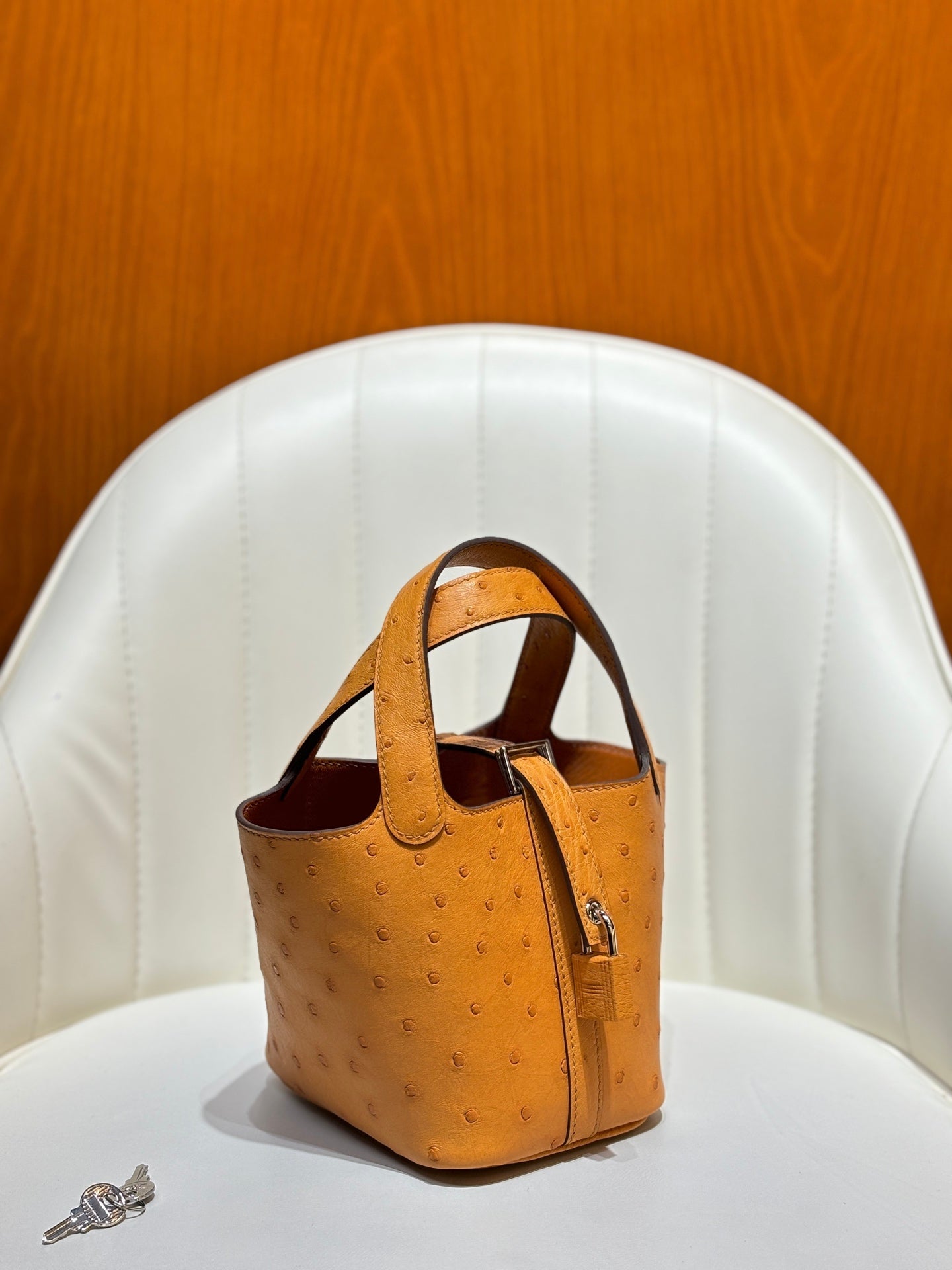 HM 25S PICOTIN LOCK 14 CM IN BURNT ORANGE OSTRICH WITH SILVER HARDWARE