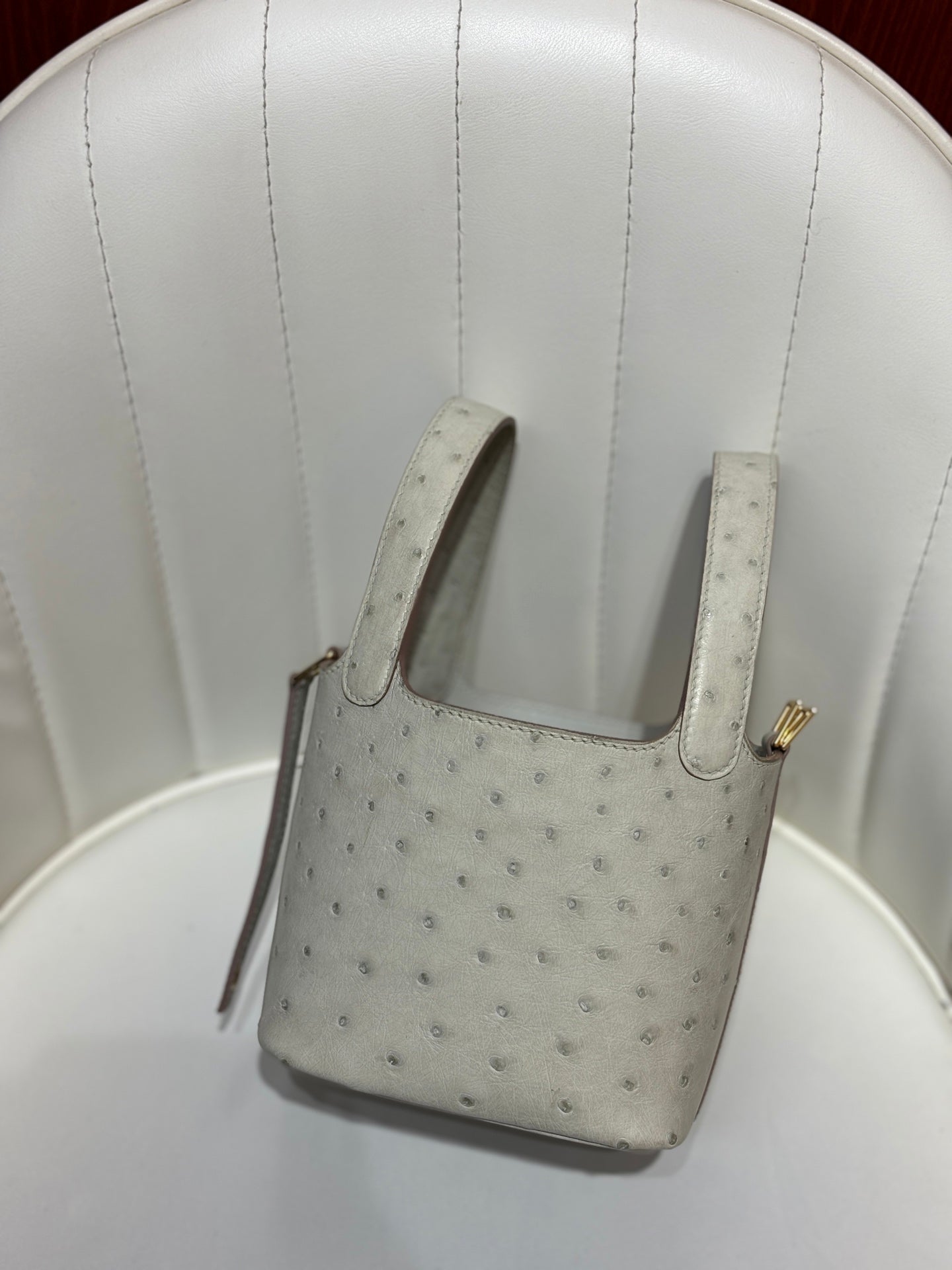 HM 25S PICOTIN LOCK 14 CM IN LIGHT GREY OSTRICH WITH GOLD HARDWARE